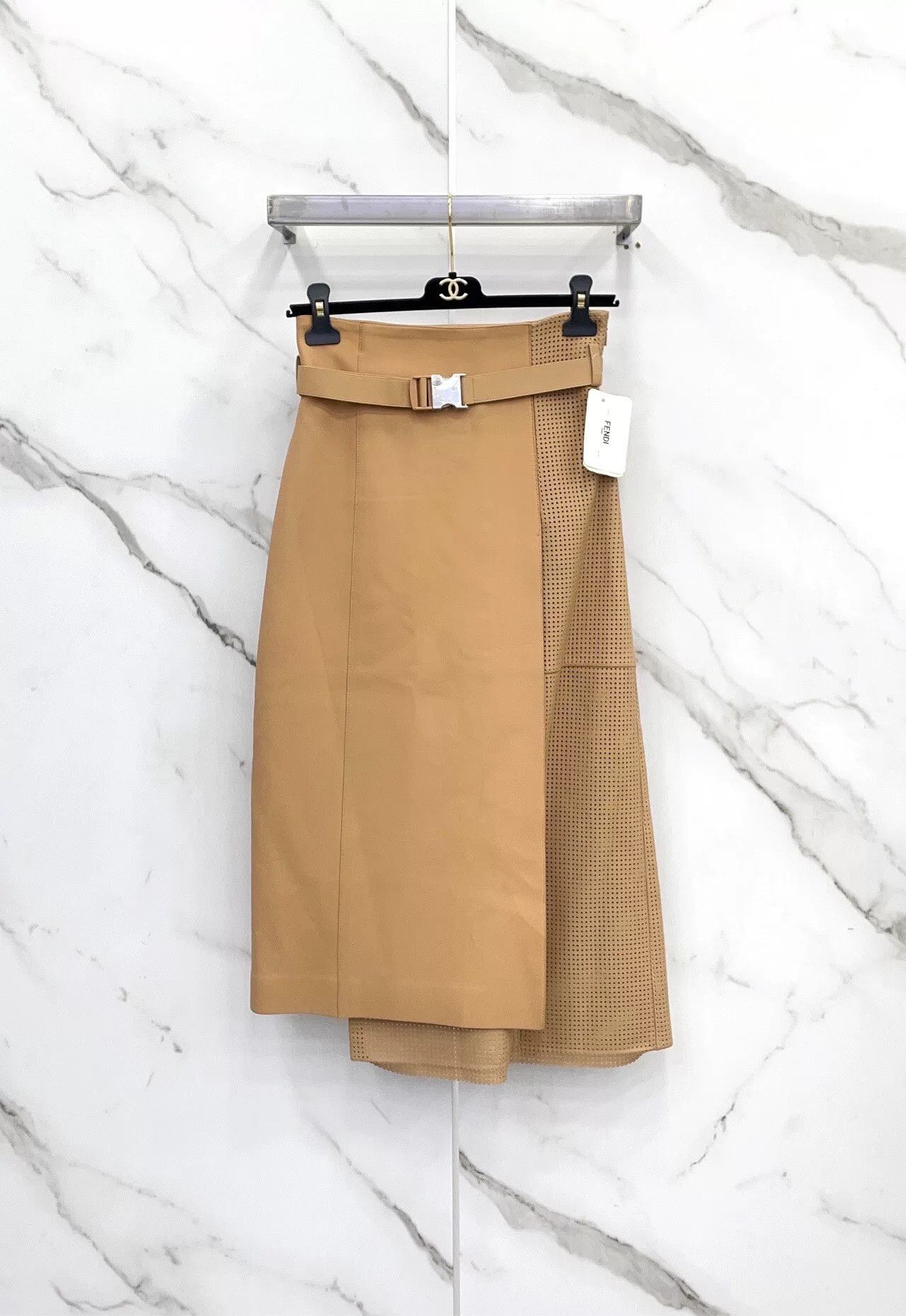 Fendi FENDI Khaki Perforated Sheepskin Midi Skirt Size 38" / US 16 / IT 52 - 1 Thumbnail