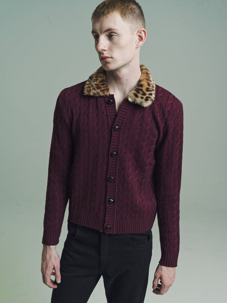 image of Ernest W Baker Faux Fur Collar Cardigan in Burgandy, Men's (Size Medium)