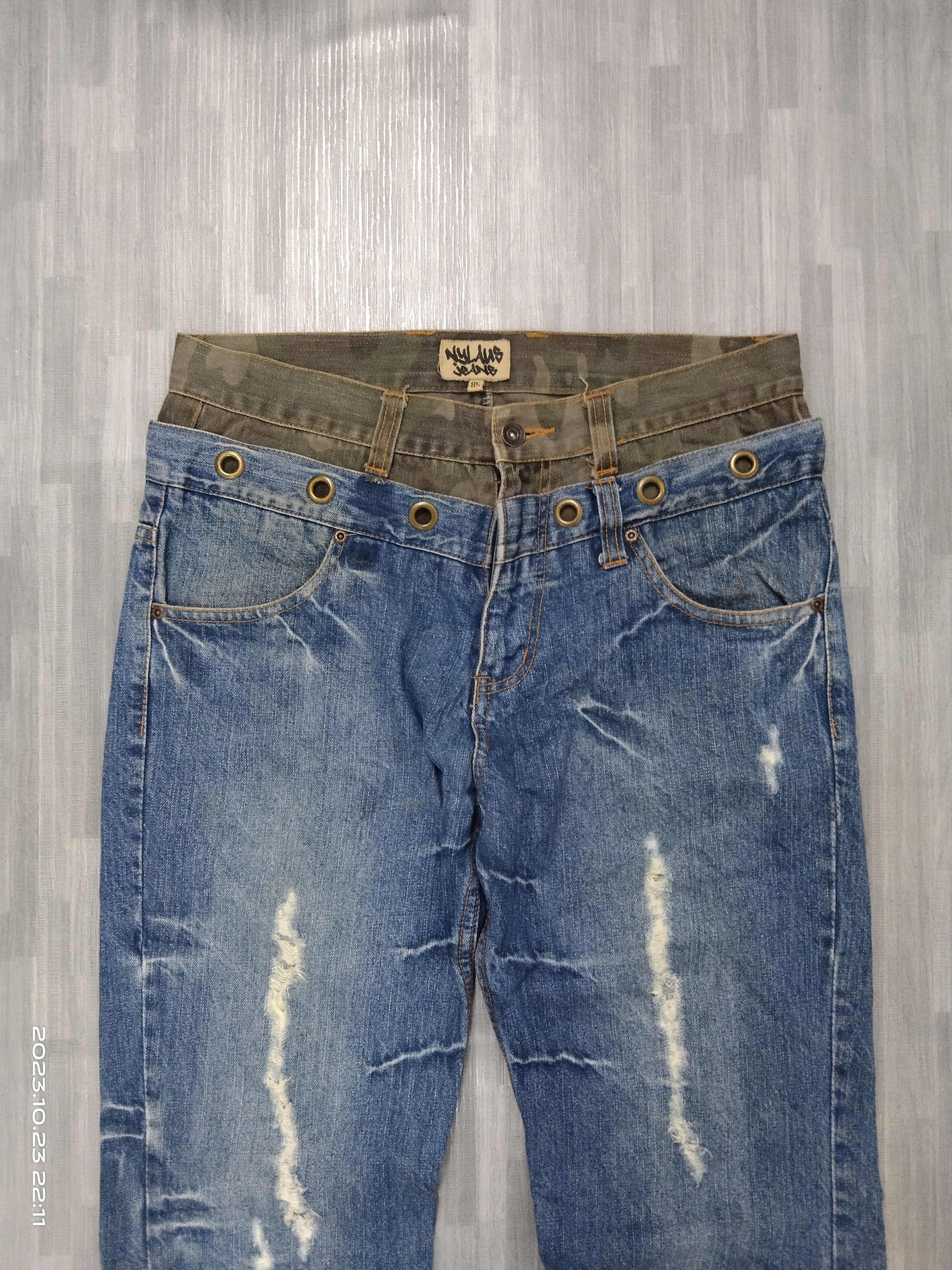Japanese Brand FLARE SICK RIPED DOUBLE WAIST NYLAUS JEANS Size US 32 / EU 48 - 4 Thumbnail