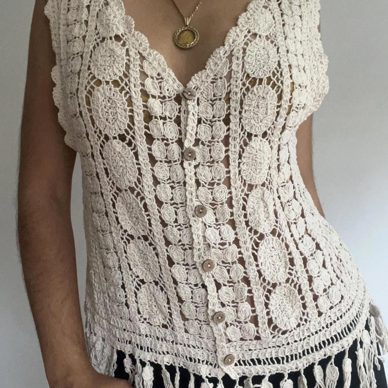 Other Cream crochet vest with fringe detail #crochet #festival Size L / US 10 / IT 46 - 5 Thumbnail