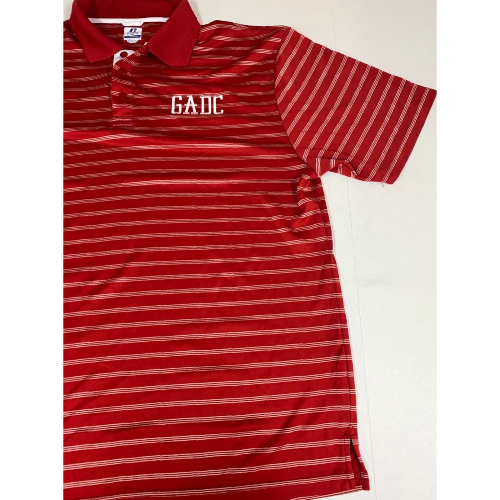 Vintage Russell Polo Shirt XL Red Striped Dri-Power Mens Short Sleeve Button-Down Collared 100% Cotton Sports Golf Breathable Athletic Logo Vintage No Size US XL / EU 56 / 4 - 2 Thumbnail