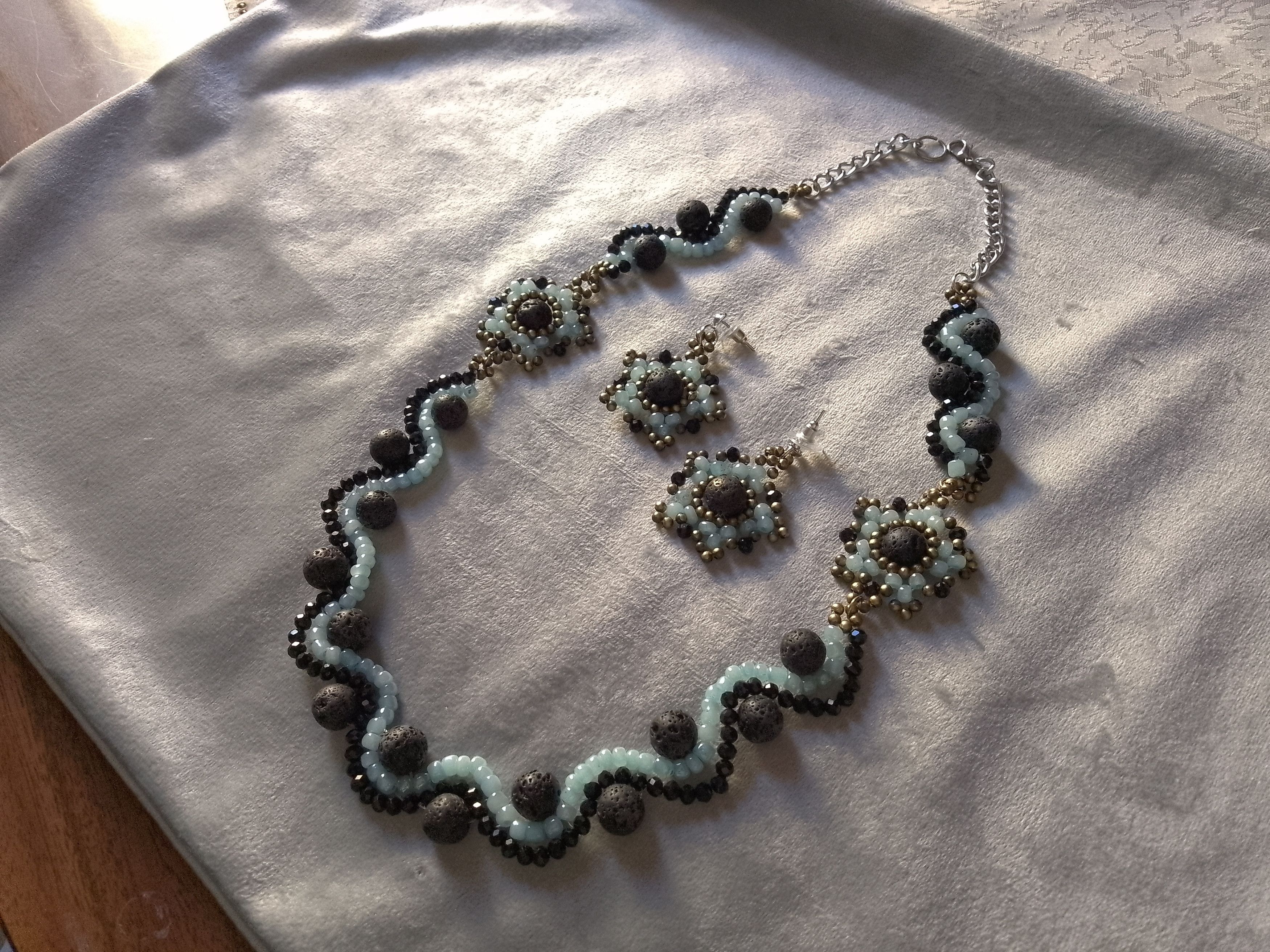 Handmade Necklace Long Black Blue Lava Stone Wavy Earrings Size ONE SIZE - 7 Thumbnail