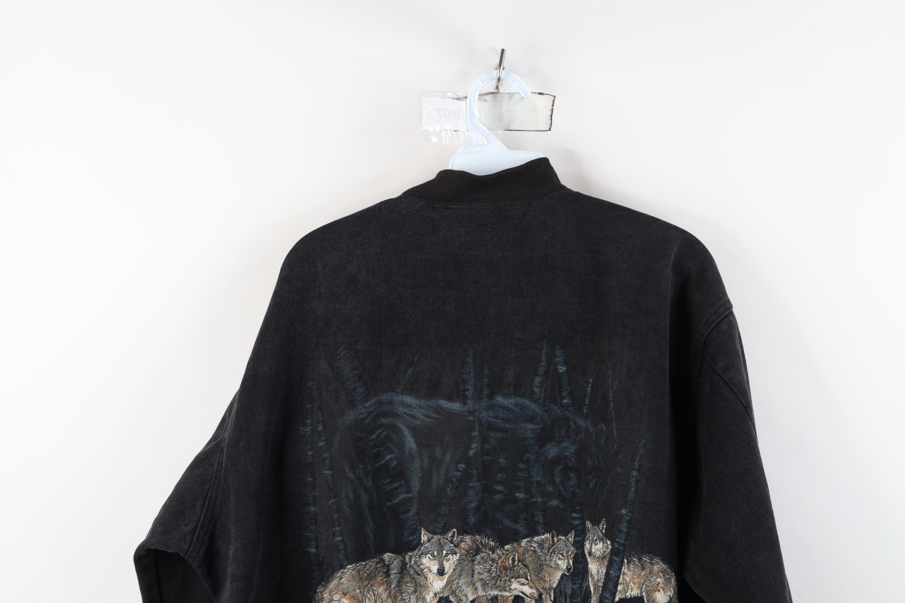 Vintage Vintage 90s Streetwear Nature Wolf Denim Bomber Jacket Black Size US S / EU 44-46 / 1 - 14 Thumbnail