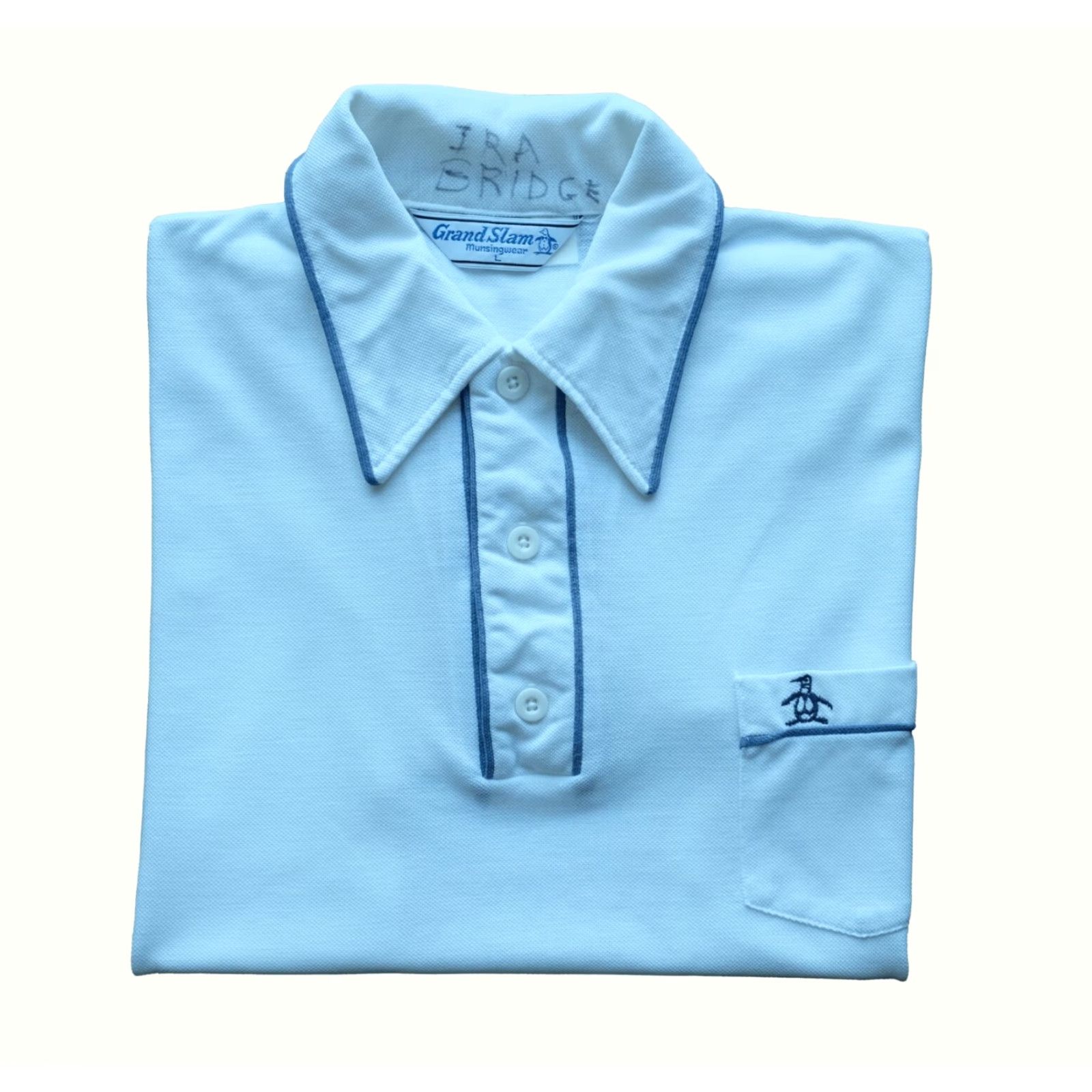 Vintage VINTAGE GRAND SLAM MUNSINGWEAR POLO Shirt MEN SZ L TENNIS SINGLE STITCH 3 BUTTON 70s 80s MADE USA White Cotton Embroidered Logo Size US L / EU 52-54 / 3 - 2 Thumbnail