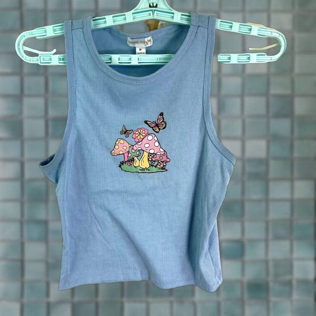 Vintage VINTAGE Orange Brand Women's Tank Top Juniors M Blue Mushroom Butterfly Graphic Sleeveless Cropped Summer 90s Size M / US 6-8 / IT 42-44 - 1 Thumbnail