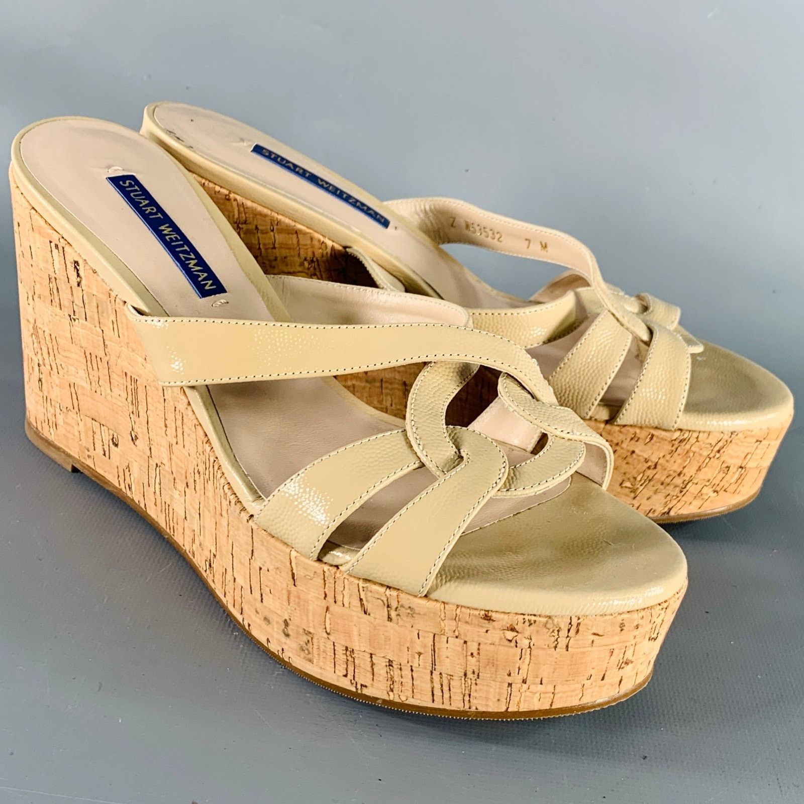 Stuart Weitzman STUART WEITZMAN 7 Beige Textured Cork Platform Wedge Sandals Size US 7 / IT 37 - 1 Thumbnail