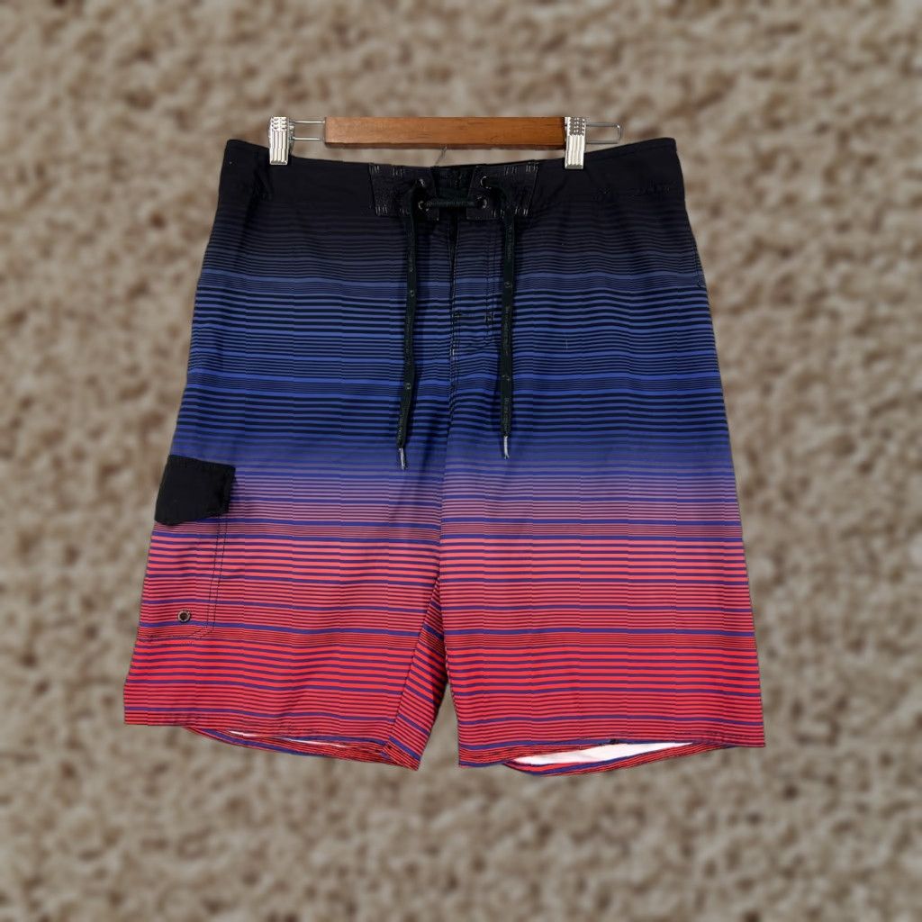 Hang Ten Hang Ten Mens Board Shorts 32 Trunk Swim Trunk Blue Red Black Stripe Polyester 100% Stretch Size US 32 / EU 48 - 1 Thumbnail