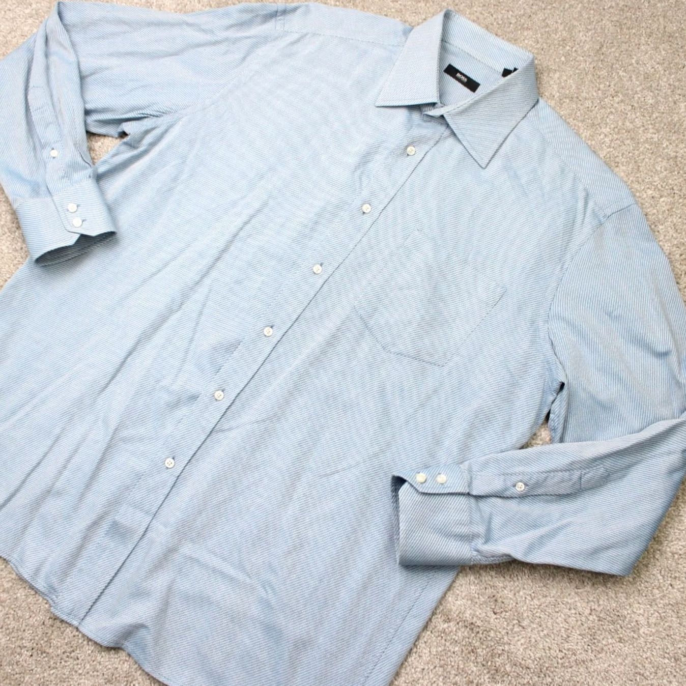 Hugo Boss HUGO BOSS Shirt Men 17 34/35 Blue Geometric Elton Cotton Italian Fabric L/S Size US XL / EU 56 / 4 - 4 Thumbnail