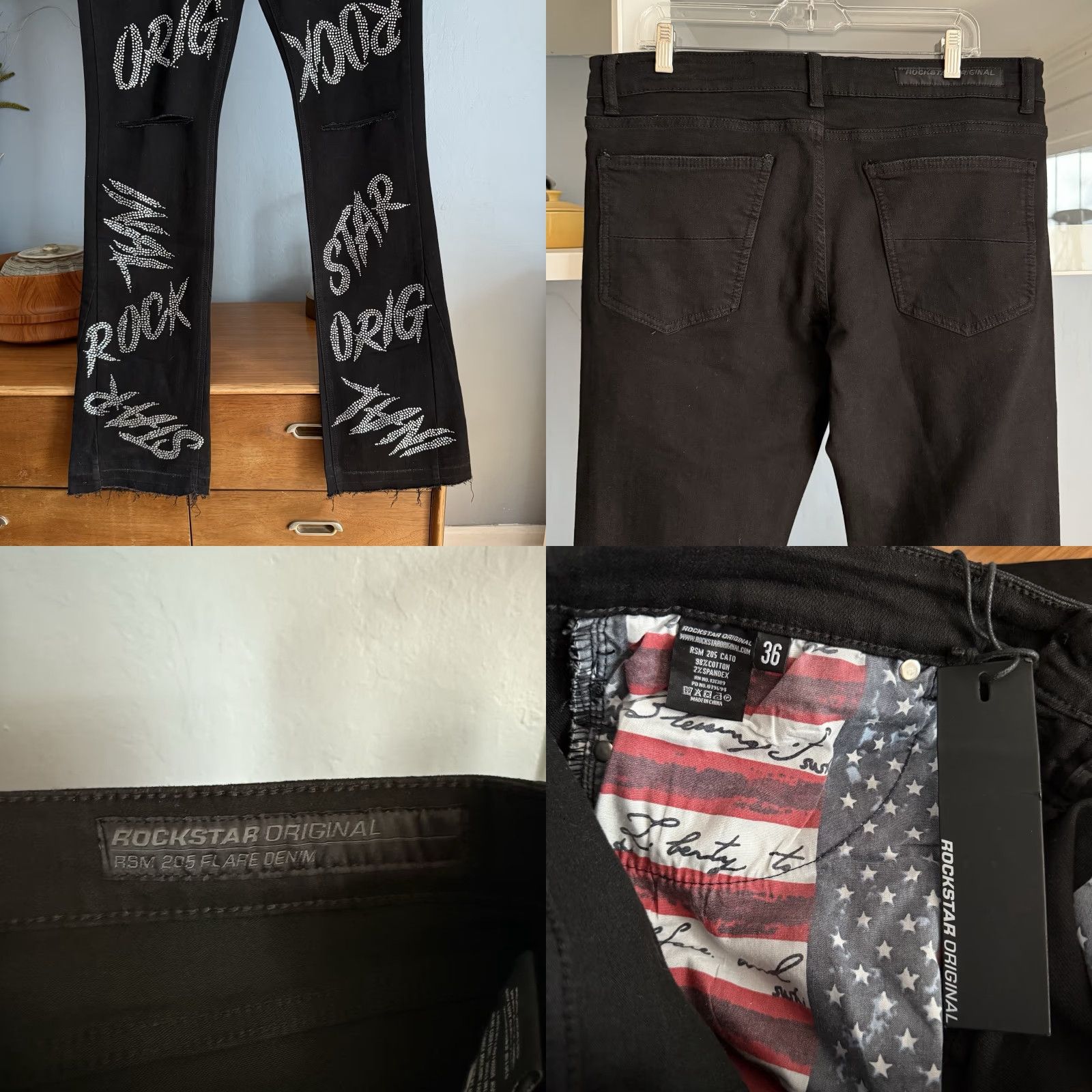 Vintage VINTAGE Rockstar Original STACKED JEANS Flared 90s Hip Hop Rock Black Rhinestone Embellished 36 Mens Size US 36 / EU 52 - 8 Thumbnail