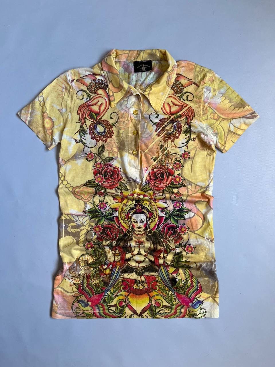 Christian Audigier Christian Audigier Women Buddha Yellow Printed Polo Shirt Size M / US 6-8 / IT 42-44 - 1 Thumbnail