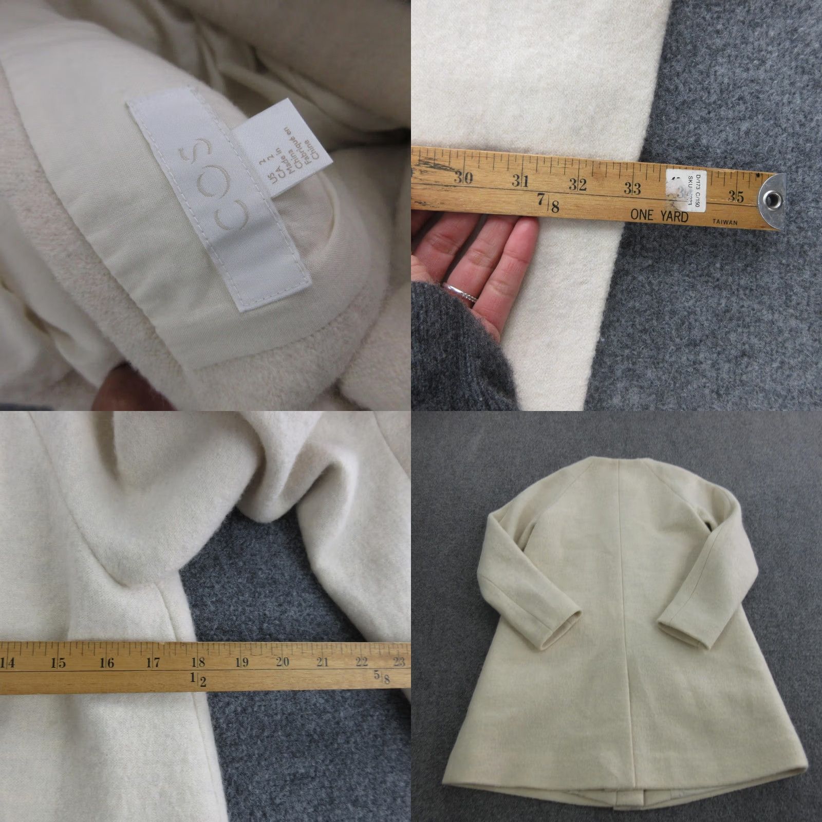 Cos COS Coat Womens 12 White Wool Zip Front Collarless Lined Pockets Mid Length Size XL / US 12-14 / IT 48-50 - 8 Thumbnail