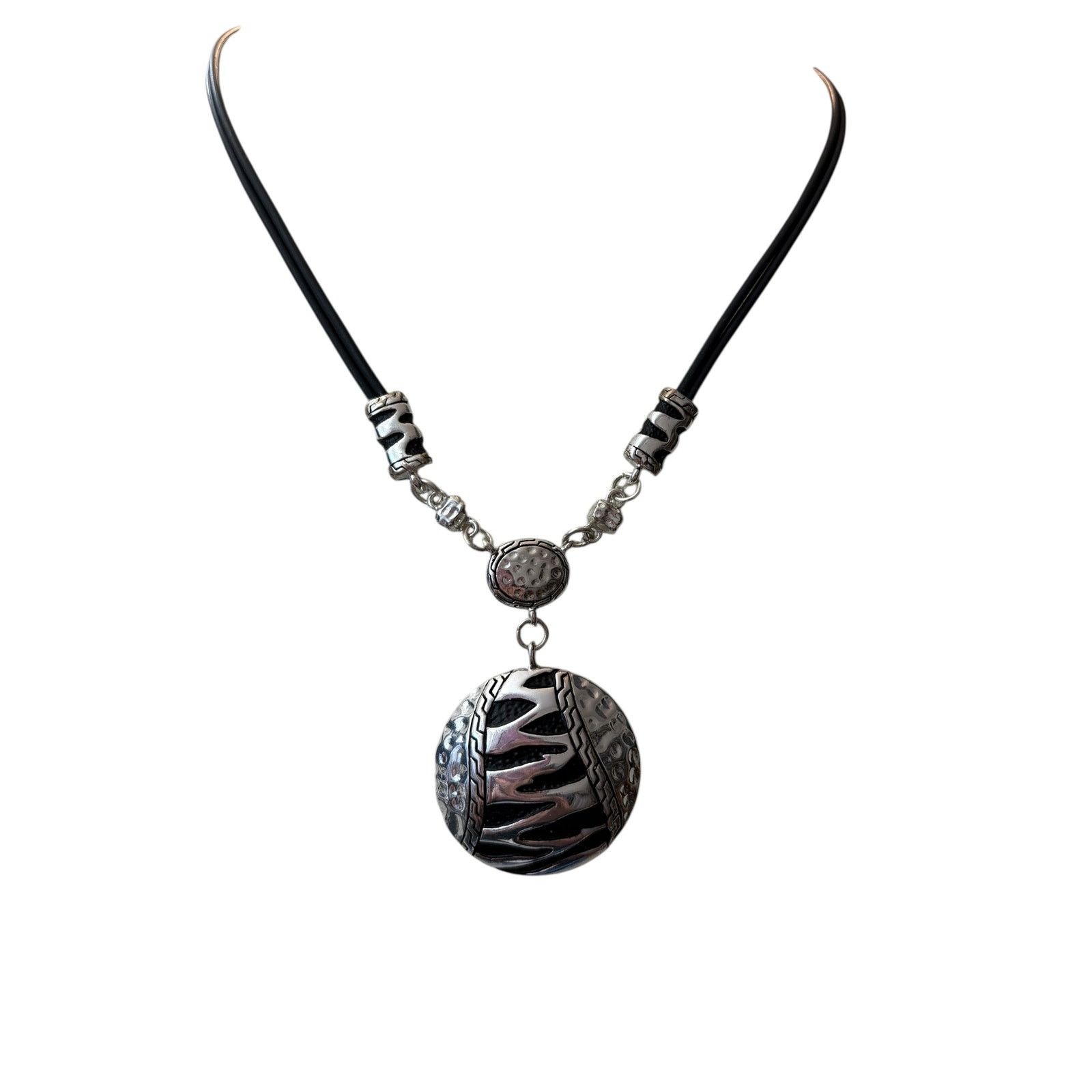 Other Chico’s Black Cord Necklace Silver Zebra Enamel Disc Pendant Size ONE SIZE - 2 Thumbnail