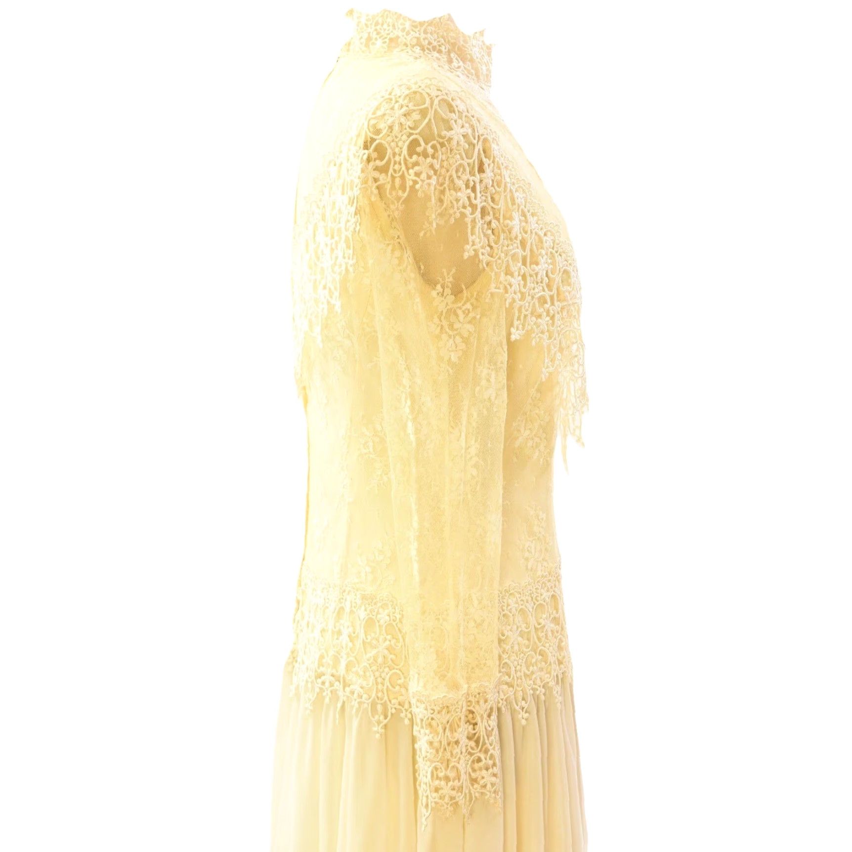 VINTAGE Jessica McClintock Ivory Lace Maxi Dress M 1970s Bridal Stand-Up  Collar Womens