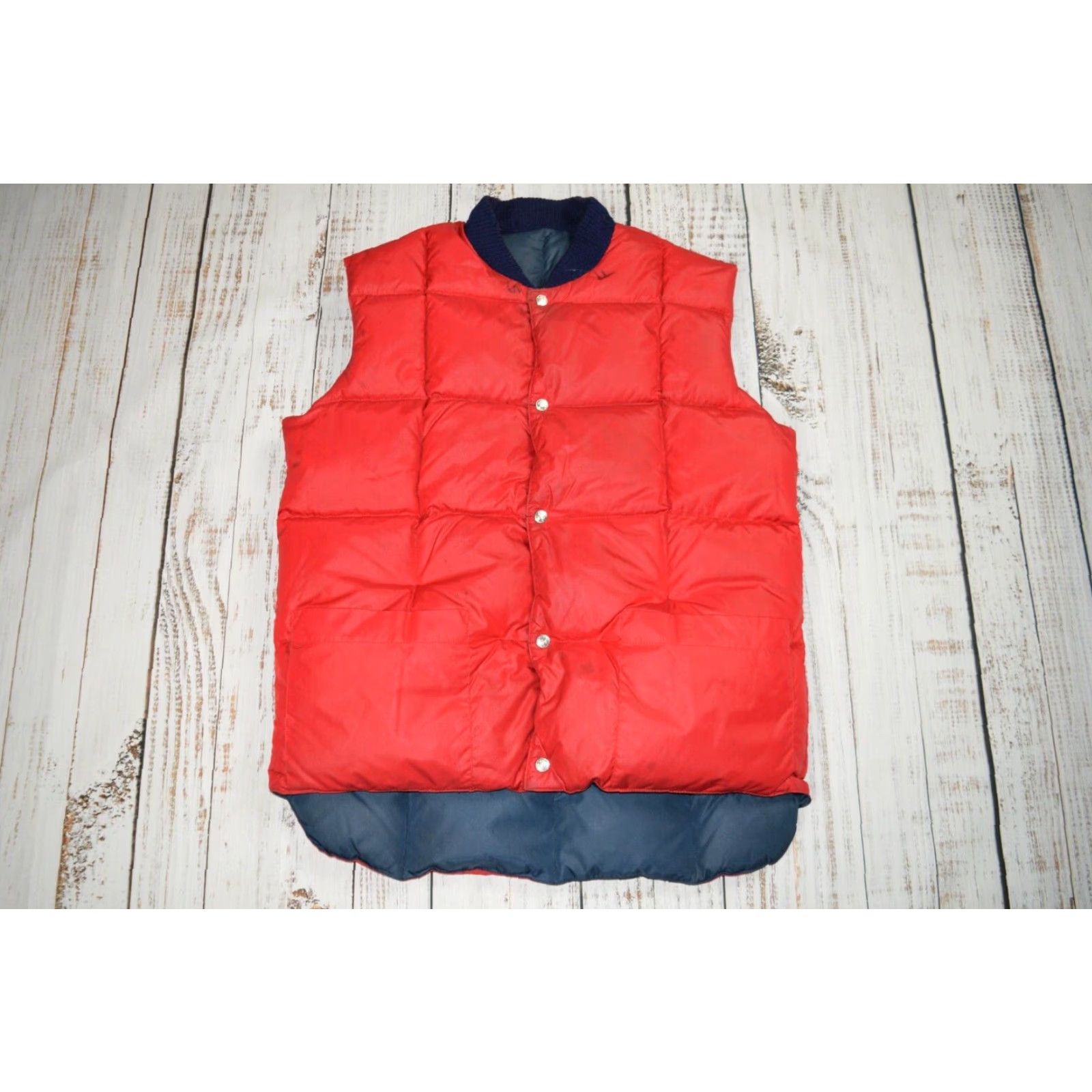 J Brand VINTAGE Swan Brand Reversible Down Puffer Vest Quilted Nylon Snap Up Men L Blue Red 1970s Hunting Gear Mens Vest Size US L / EU 52-54 / 3 - 7 Thumbnail