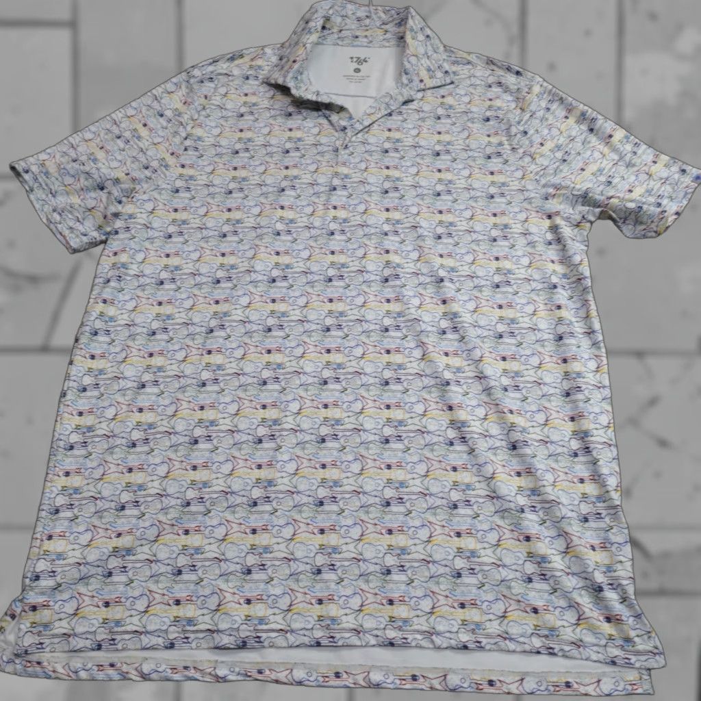 Vintage 1764 Golf Polo XL White Guitars All Over Print Performance Shirt Mens Short Sleeve Collared Button Stretch Golf Size US XL / EU 56 / 4 - 1 Thumbnail