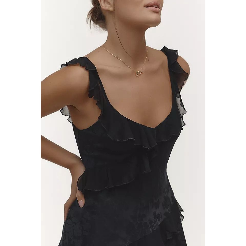 Anthropologie New V-Neck Ruffle Asymmetric Midi Dress $168 X-SMALL Black Size XS / US 0-2 / IT 36-38 - 2 Thumbnail