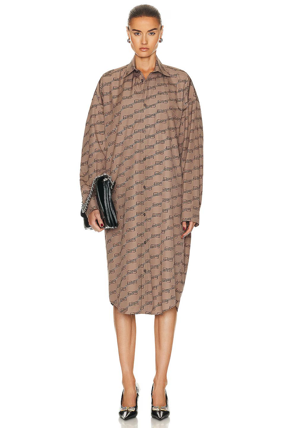 Balenciaga o1bcso1str1025 BB Monogram Cocoon Long Sleeve Dress in Beige Size M / US 6-8 / IT 42-44 - 2 Thumbnail