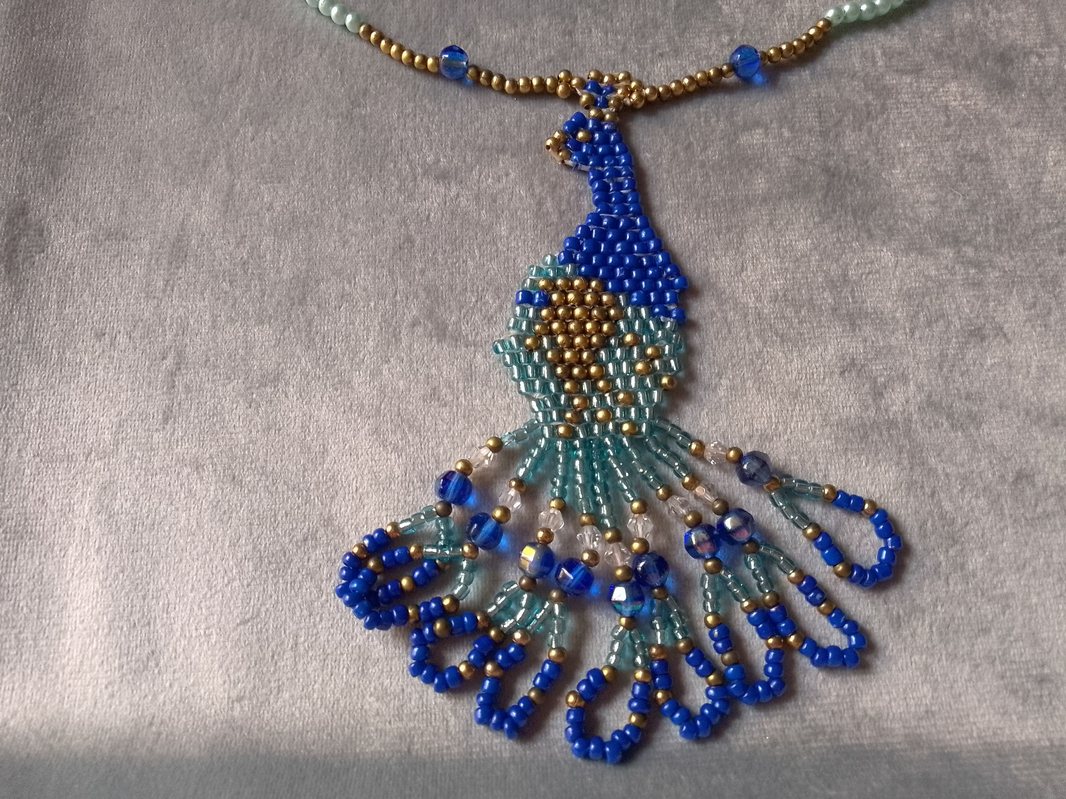 Handmade Necklace Pearls Blue Turquoise Peacock Pendant Embroidered Size ONE SIZE - 5 Thumbnail