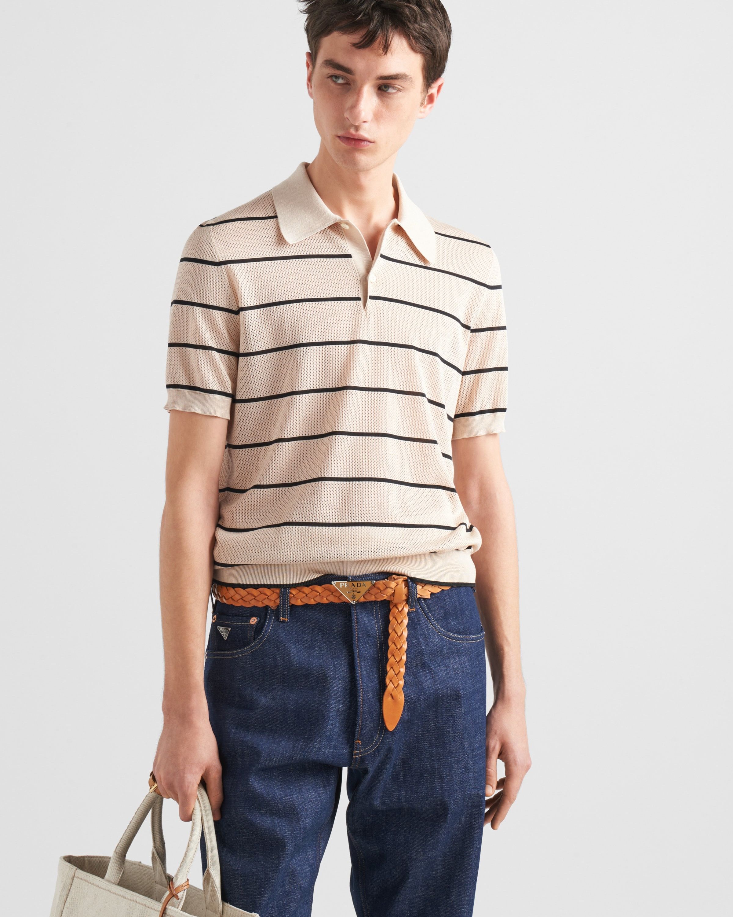 Prada o1bcso1str1025 Silk And Cotton Knit Polo Shirt Beige/Black Size US L / EU 52-54 / 3 - 3 Thumbnail