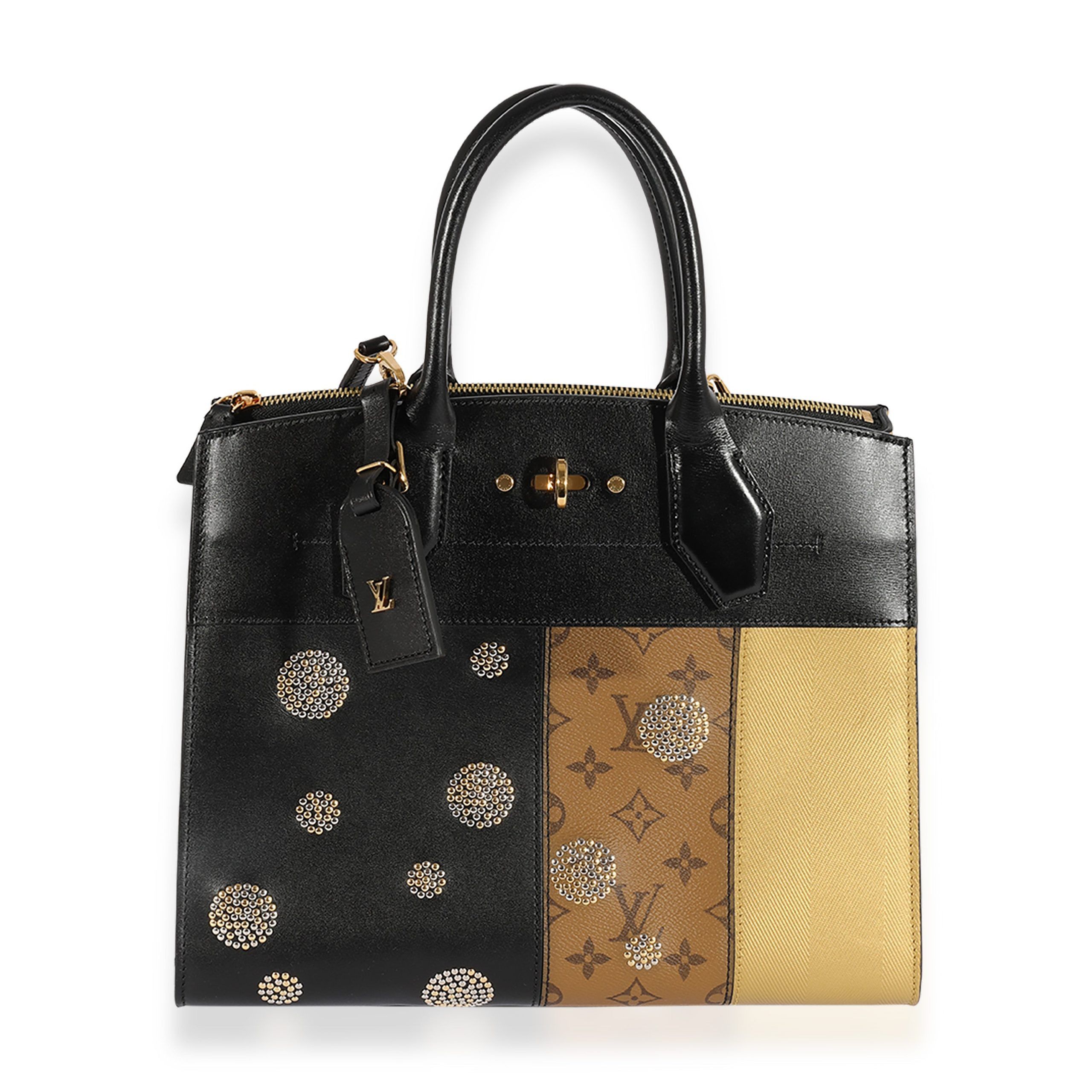 image of Louis Vuitton Black Calfskin & Monogram Canvas Studded City Steamer, Women's