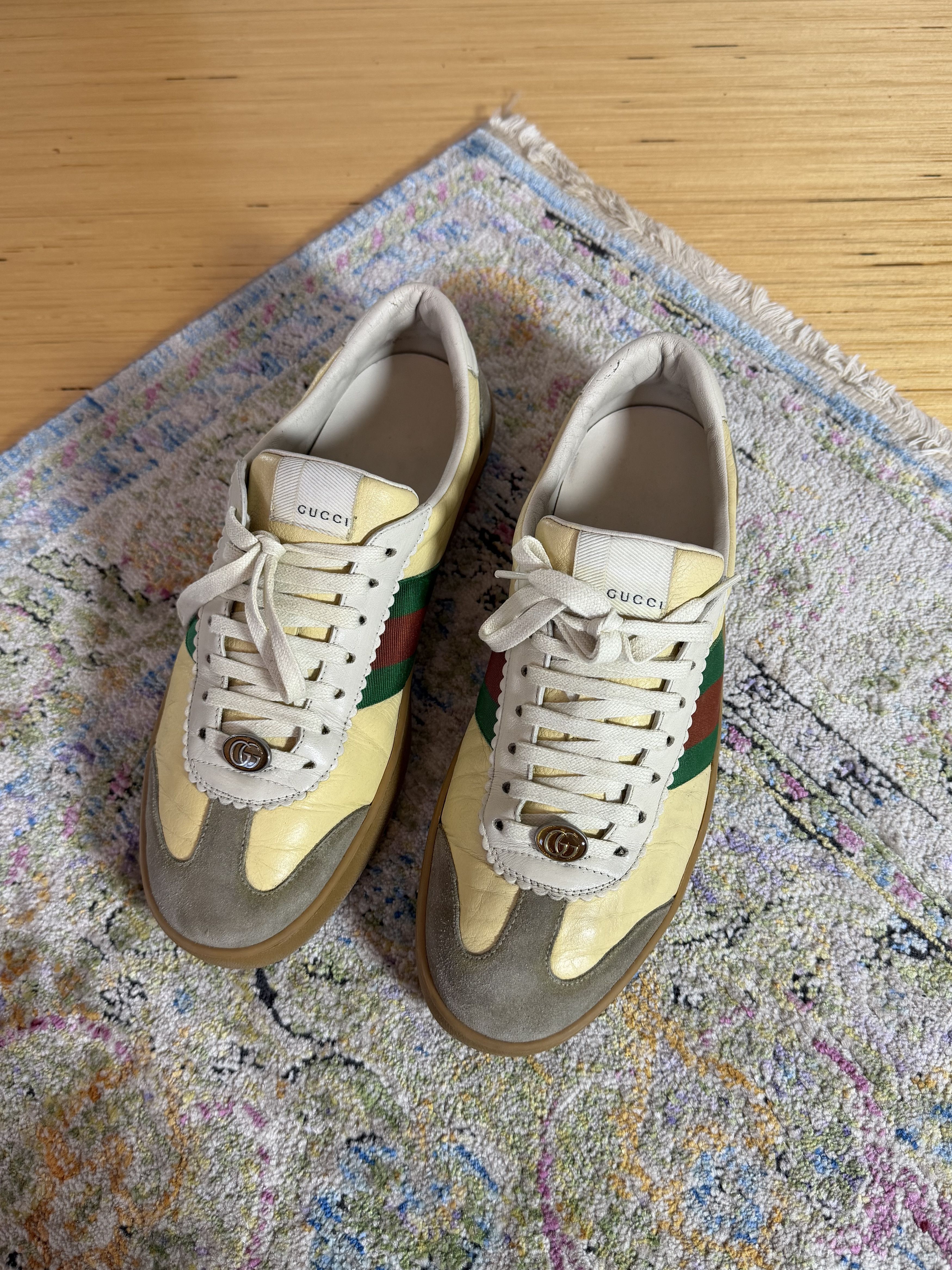 Gucci GUCCI G74 Yellow Leather Web Low Oatmeal Sneakers Size US 10.5 / EU 43-44 - 2 Thumbnail