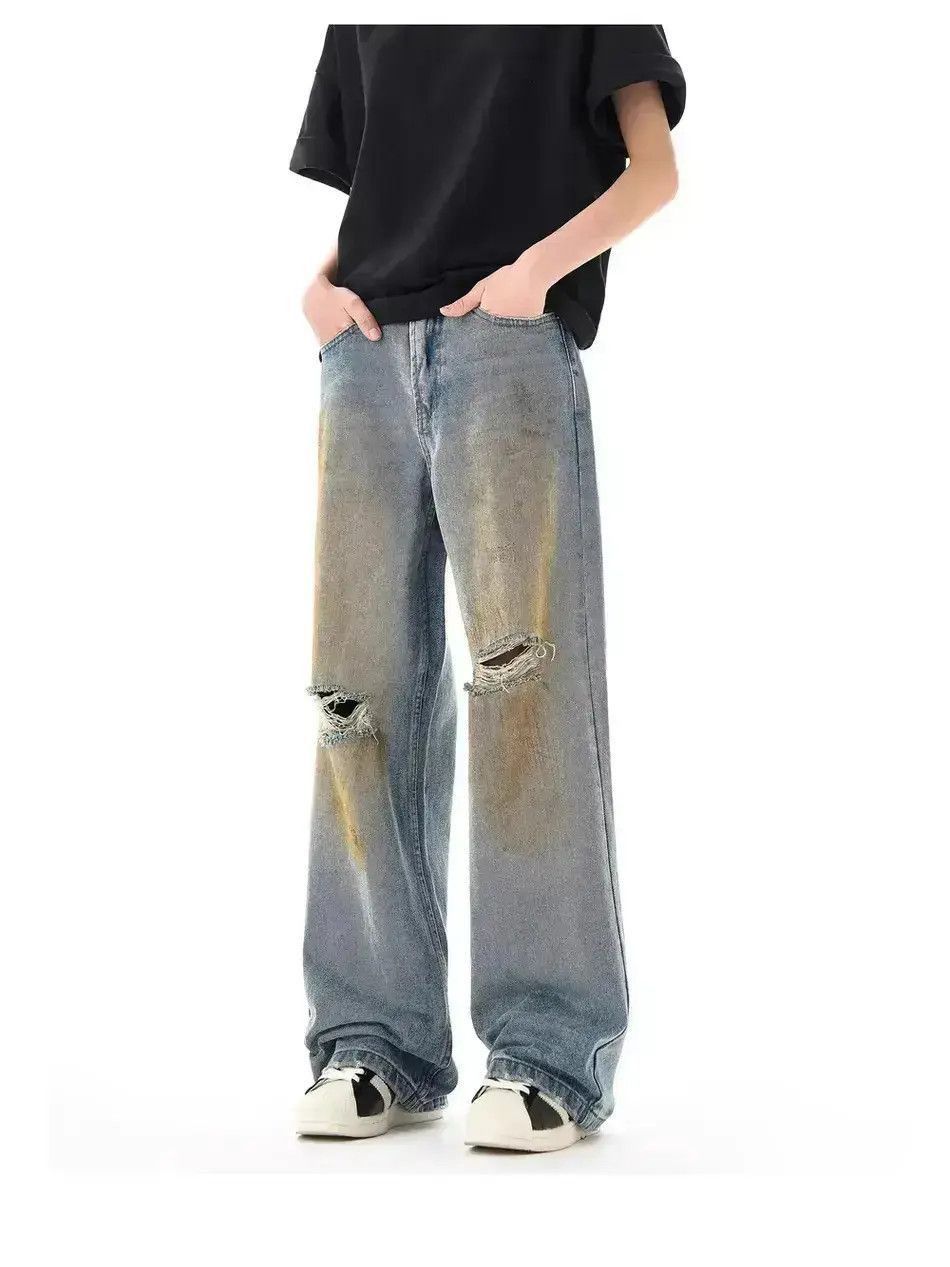 Japanese Brand Retro loose fitting straight leg distressed jeans Size US 32 / EU 48 - 5 Thumbnail