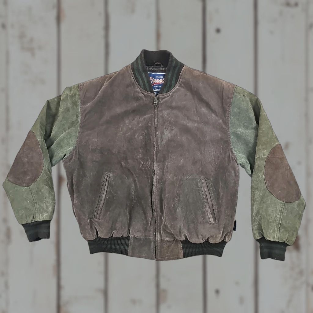 VINTAGE Varsity Jacket Men Large L Brown Leather Bomber Casual Outdoor 90s Full Zip