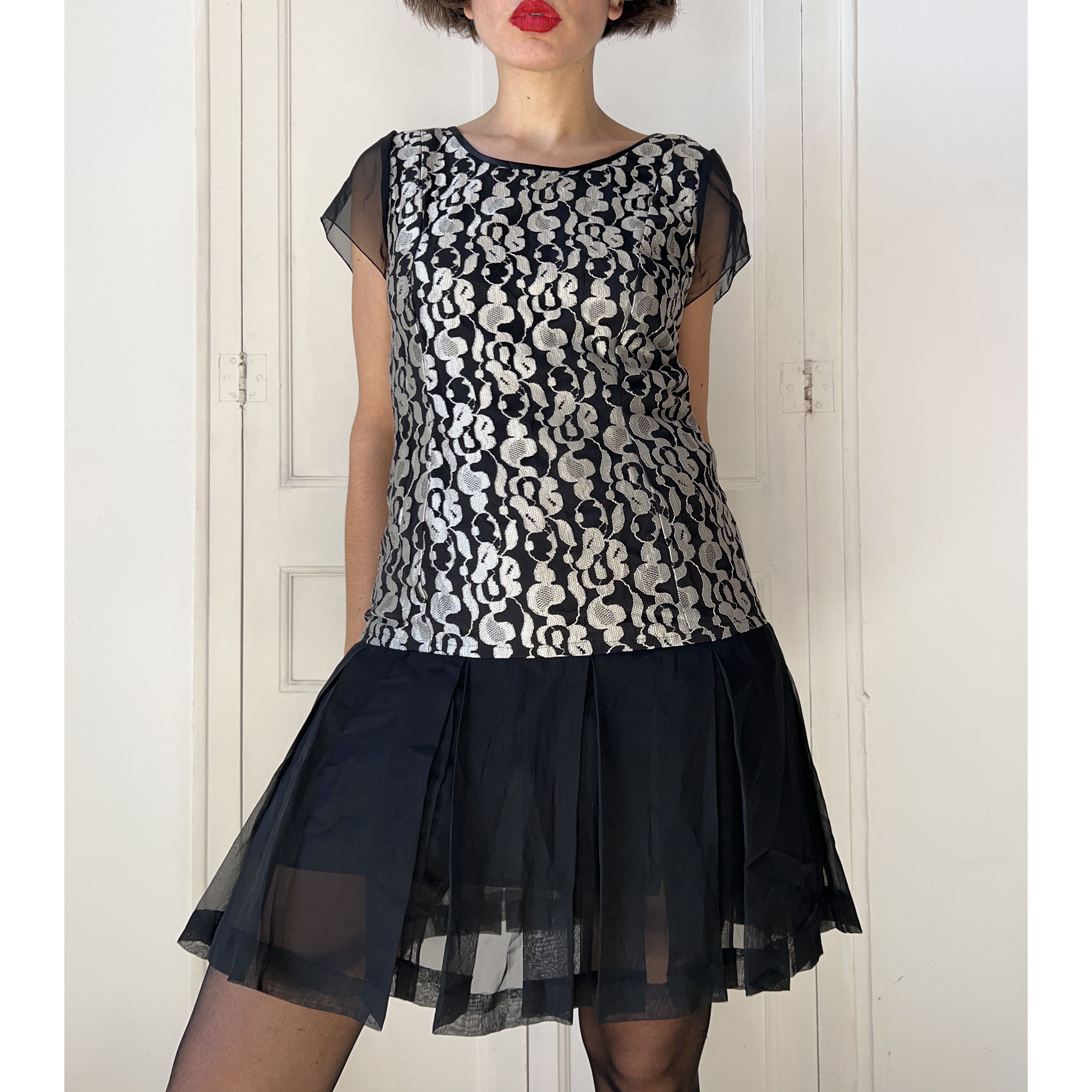 Vintage Vintage 90s Black Silver Lace Metallic Dress Size L / US 10 / IT 46 - 6 Thumbnail