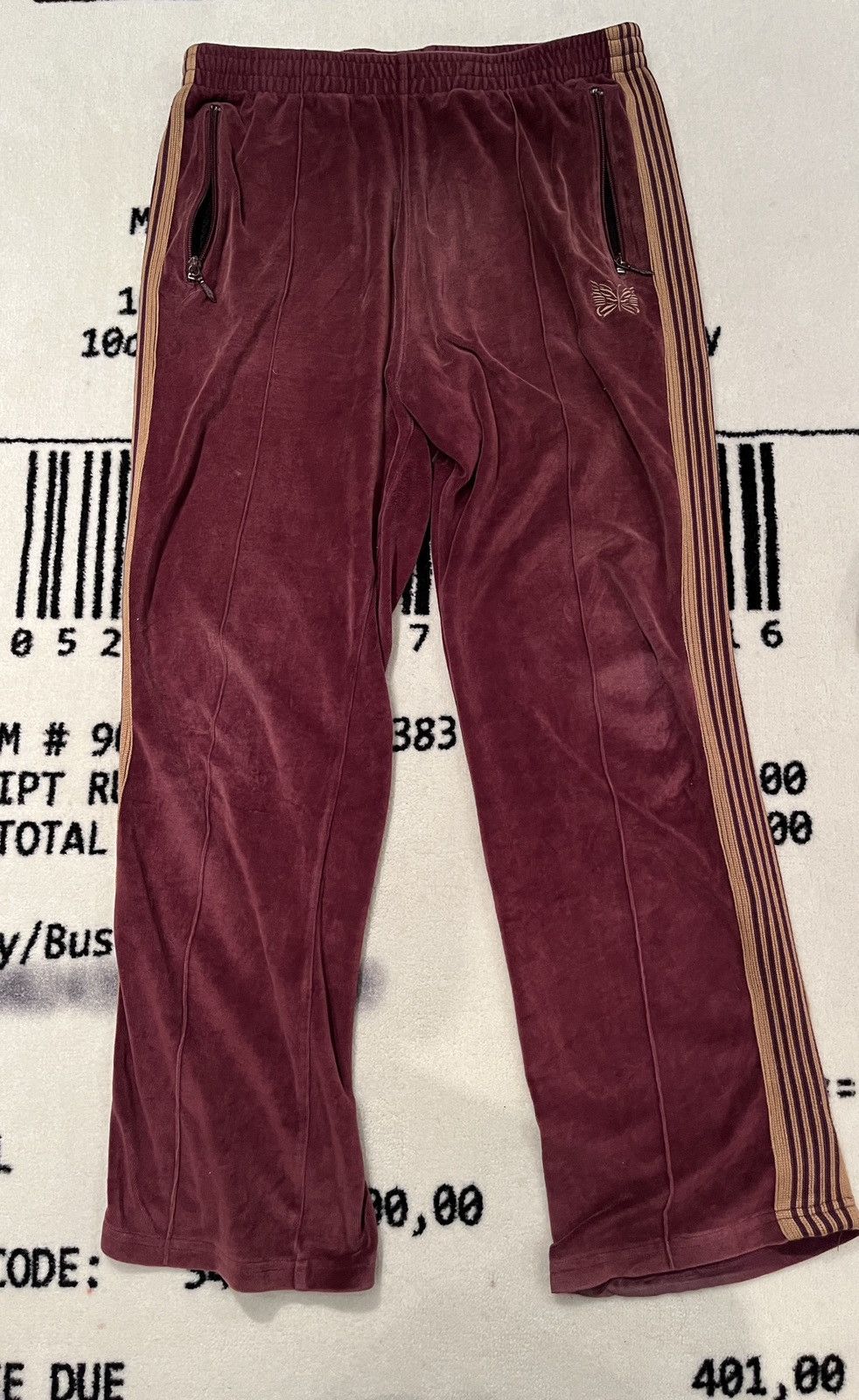 Needles Velour Bordeaux Red Trackpants Gold Stripes Size US 31 - 1 Thumbnail
