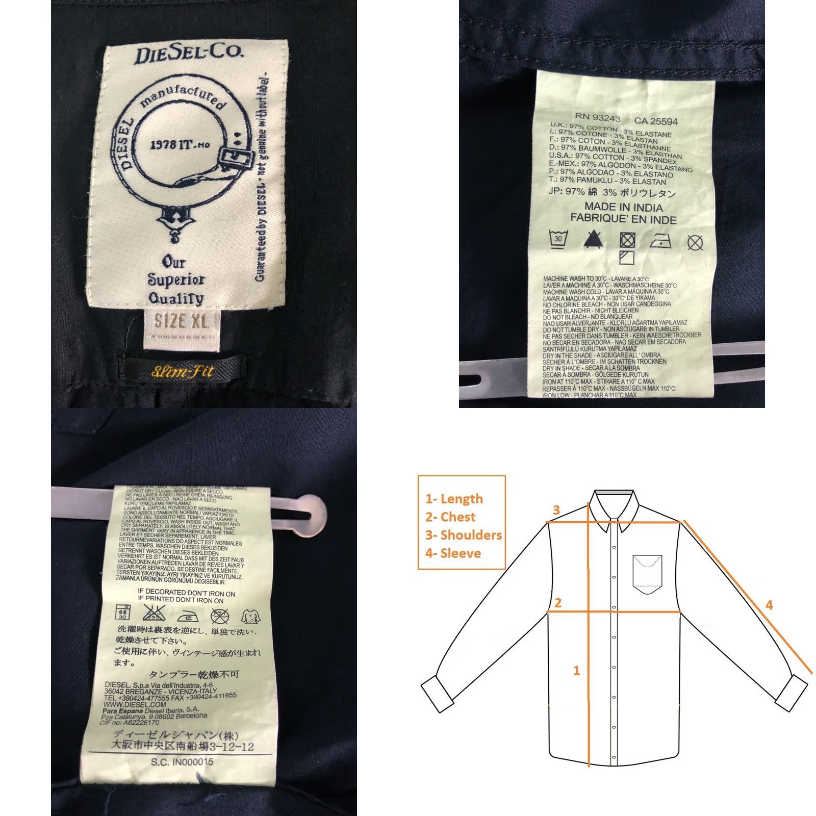 Diesel Diesel Shirt XL Black Cotton Slim Fit Mens Button-Up Collared Long Sleeve Casual Size US XL / EU 56 / 4 - 9 Thumbnail