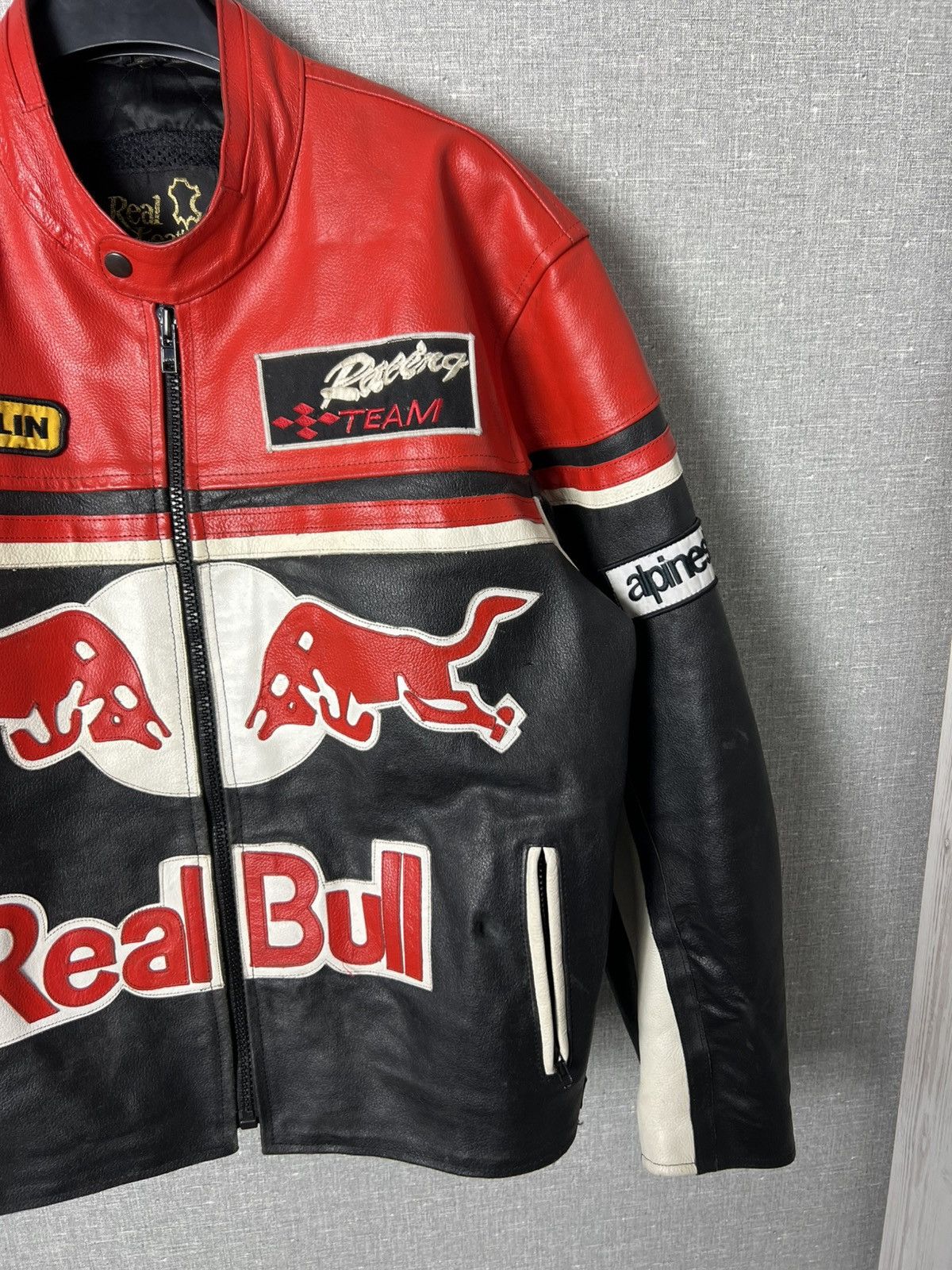Genuine Leather × Red Bull × Vintage REAL BULL Racing Leather Jacket Biker Alpinestars Michelin Size US L / EU 52-54 / 3 - 3 Thumbnail