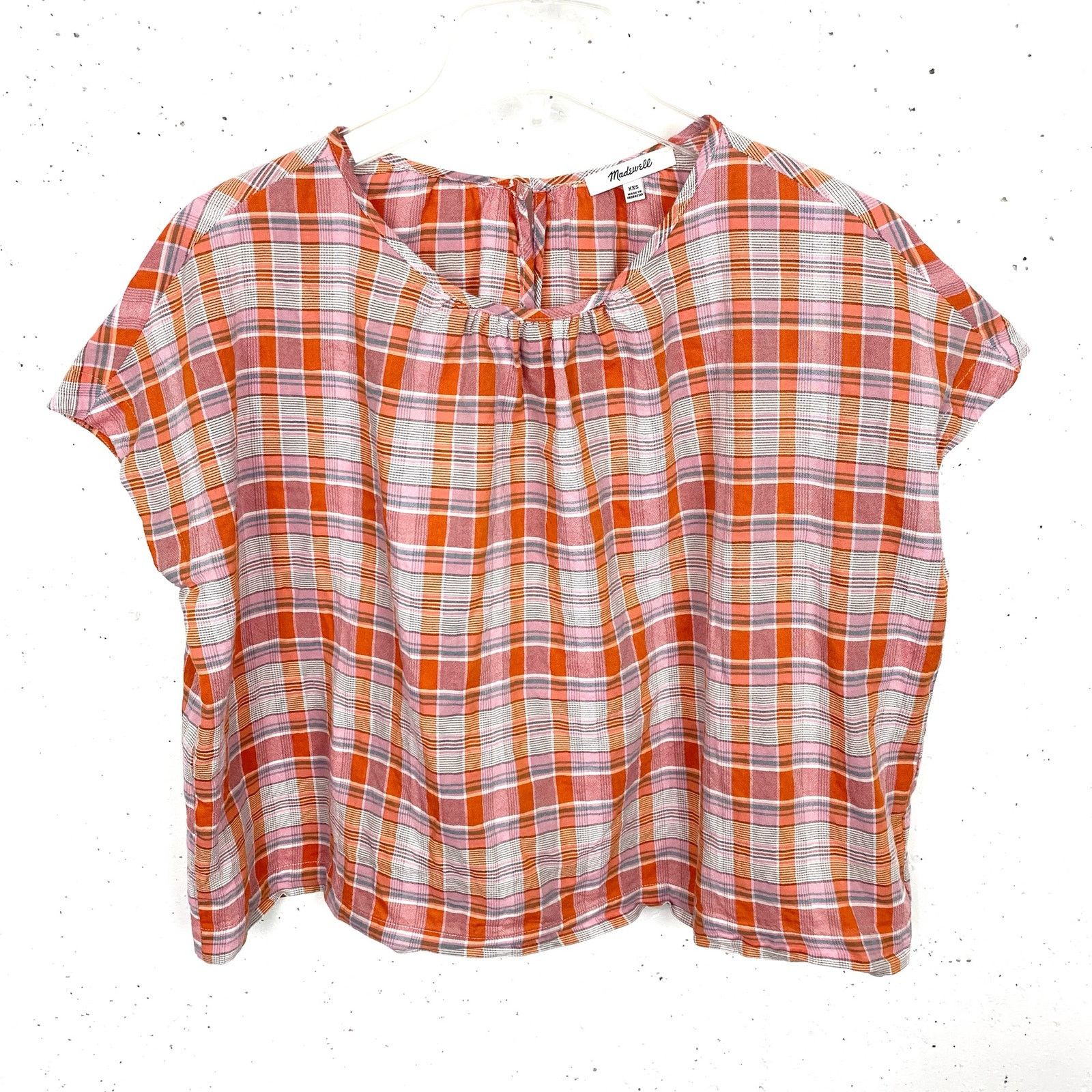 Madewell Madewell Plaid Shirred Neck Boxy Top Cotton Short Sleeve Size XXS / US 00 / IT 34 - 1 Thumbnail