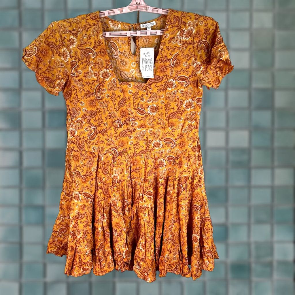 PATRONS OF PEACE Yellow Paisley Tiered Dress Tunic M - Casual Shift Mini  Dress with Flutter Sleeves for Women - www.disolcolor.com