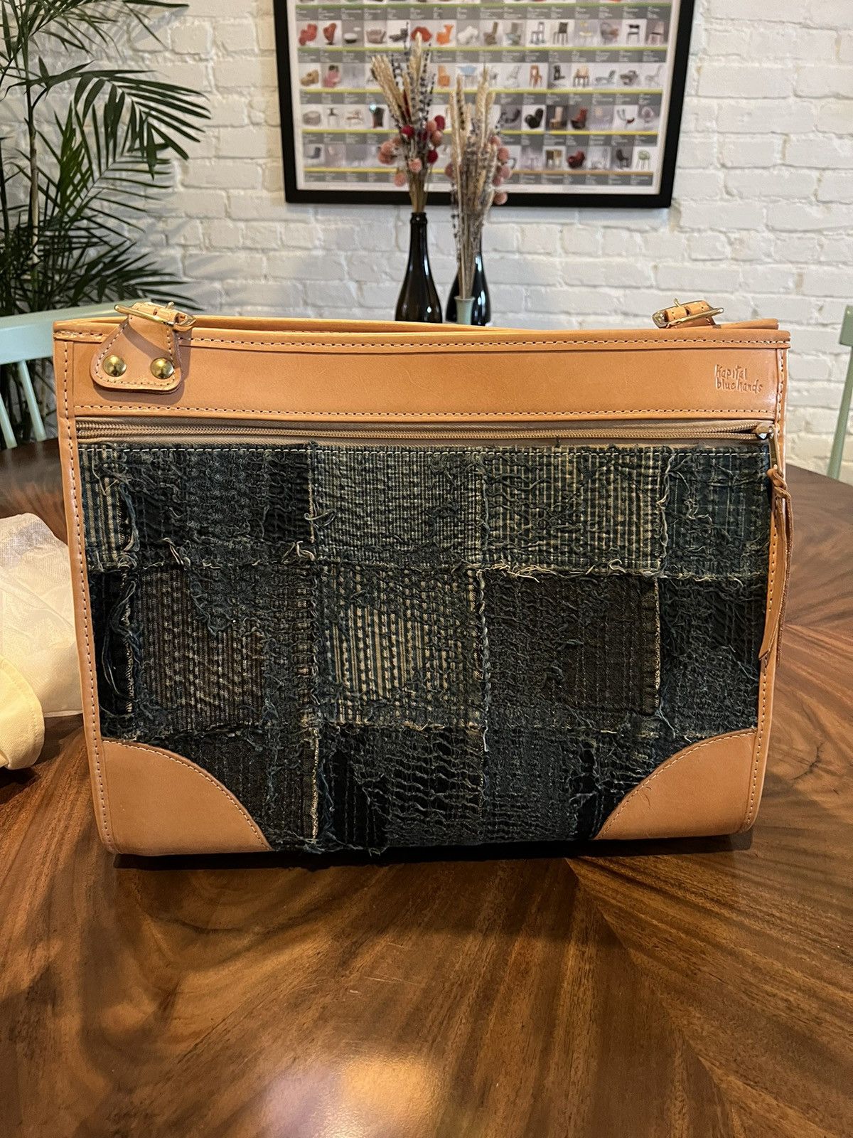 image of Kapital Boro Leather Overnight Bag in Blue, Men's