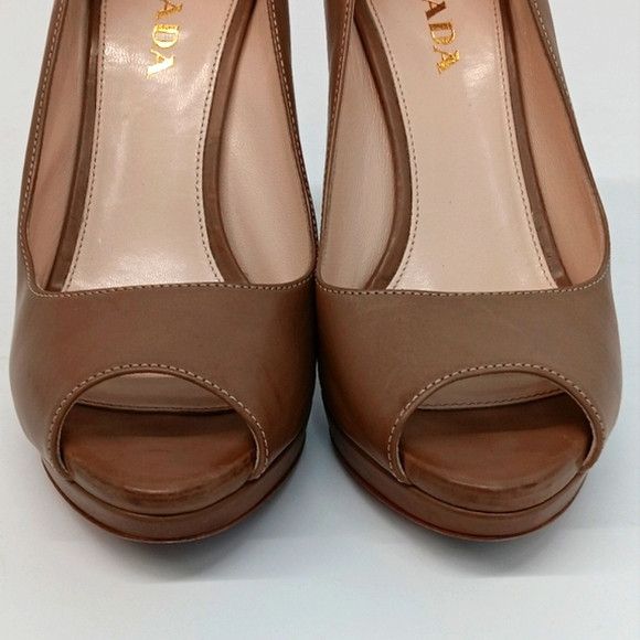 Prada Prada Women's Tan Leather Peep Toe Platform Heels - EU37/US7 Size US 7 / IT 37 - 8 Thumbnail