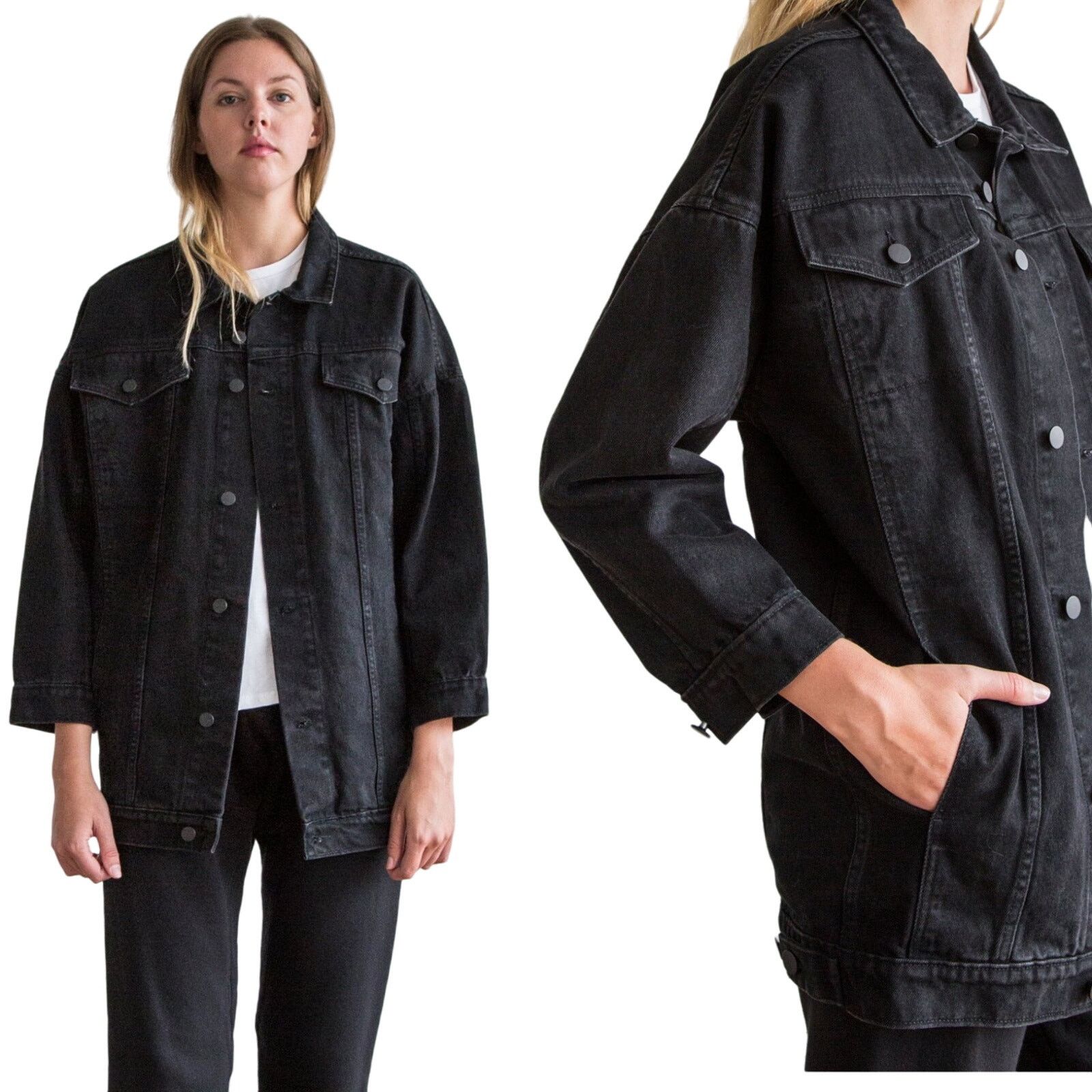 image of Oak NYC Long Drop Shoulder Jacket Black Denim 3/4 Sleeves, Women's (Size Large)