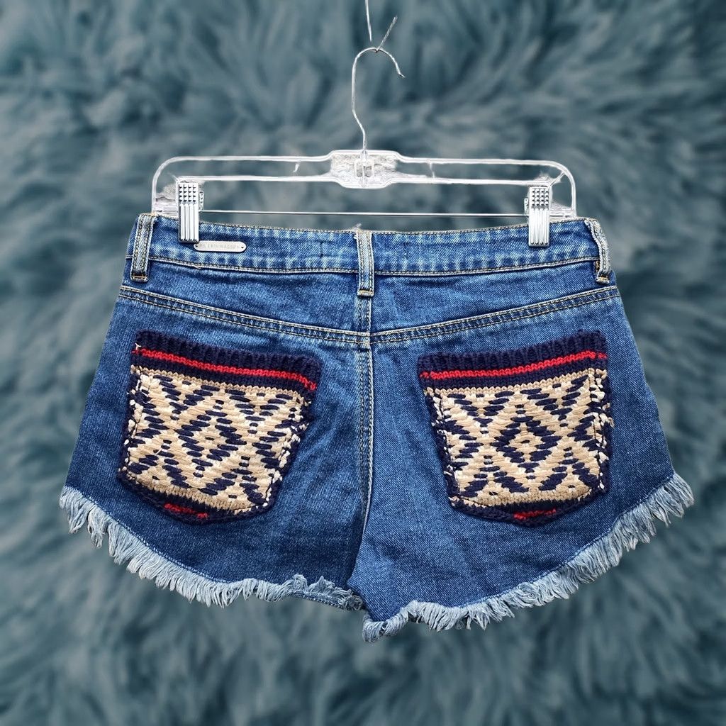 Denime P.S. Erin Wasson Womens 27 Navy Denim Shorts Distressed Frayed Hem 5-Pocket Pocket Tribal Casual Summer Size 27" / US 4 / IT 40 - 1 Thumbnail