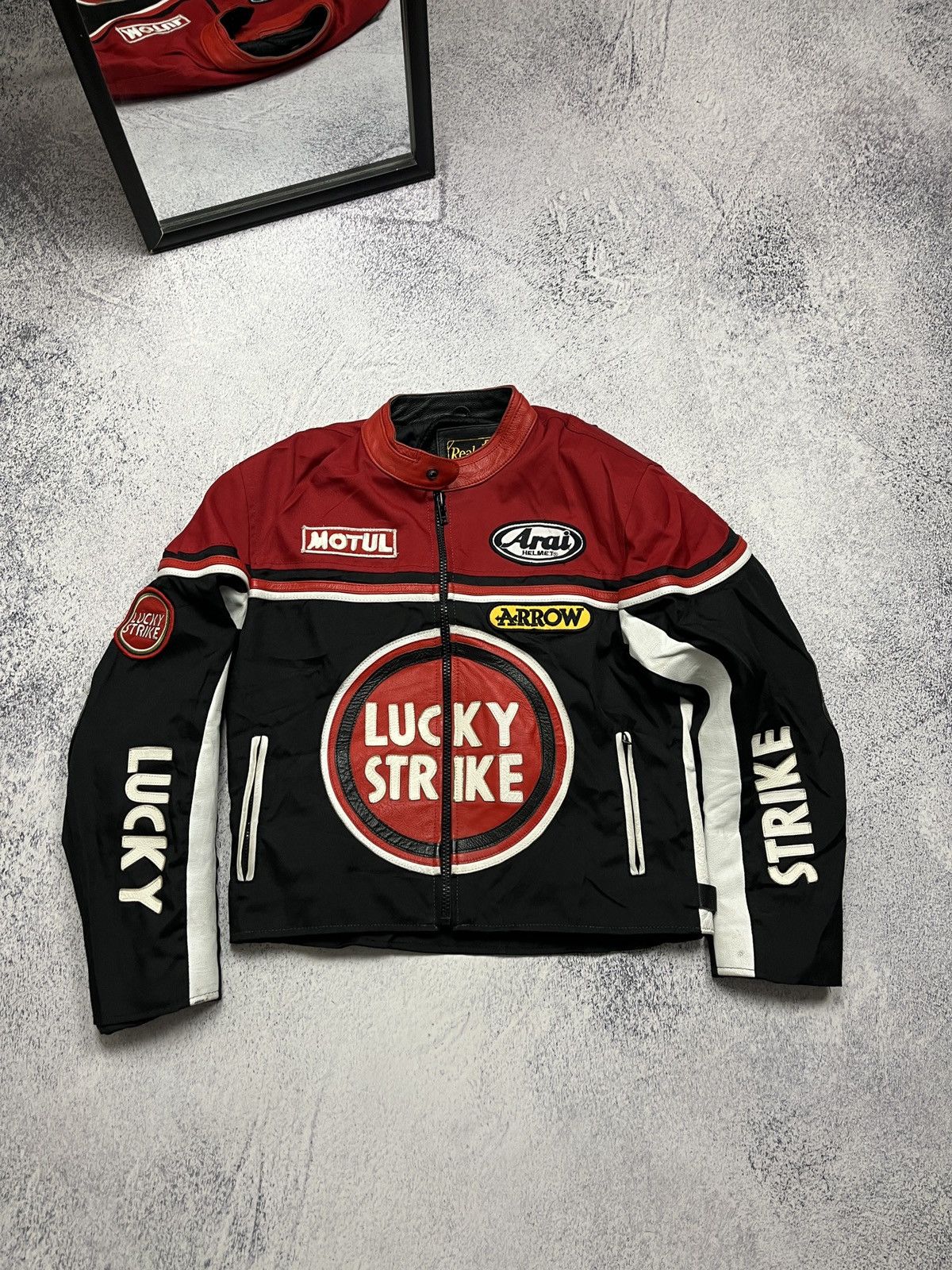 Vintage Crazy Lucky Strike Leather Elements Racing Jacket Moto Rare🔥 Size XS / US 0-2 / IT 36-38 - 1 Thumbnail