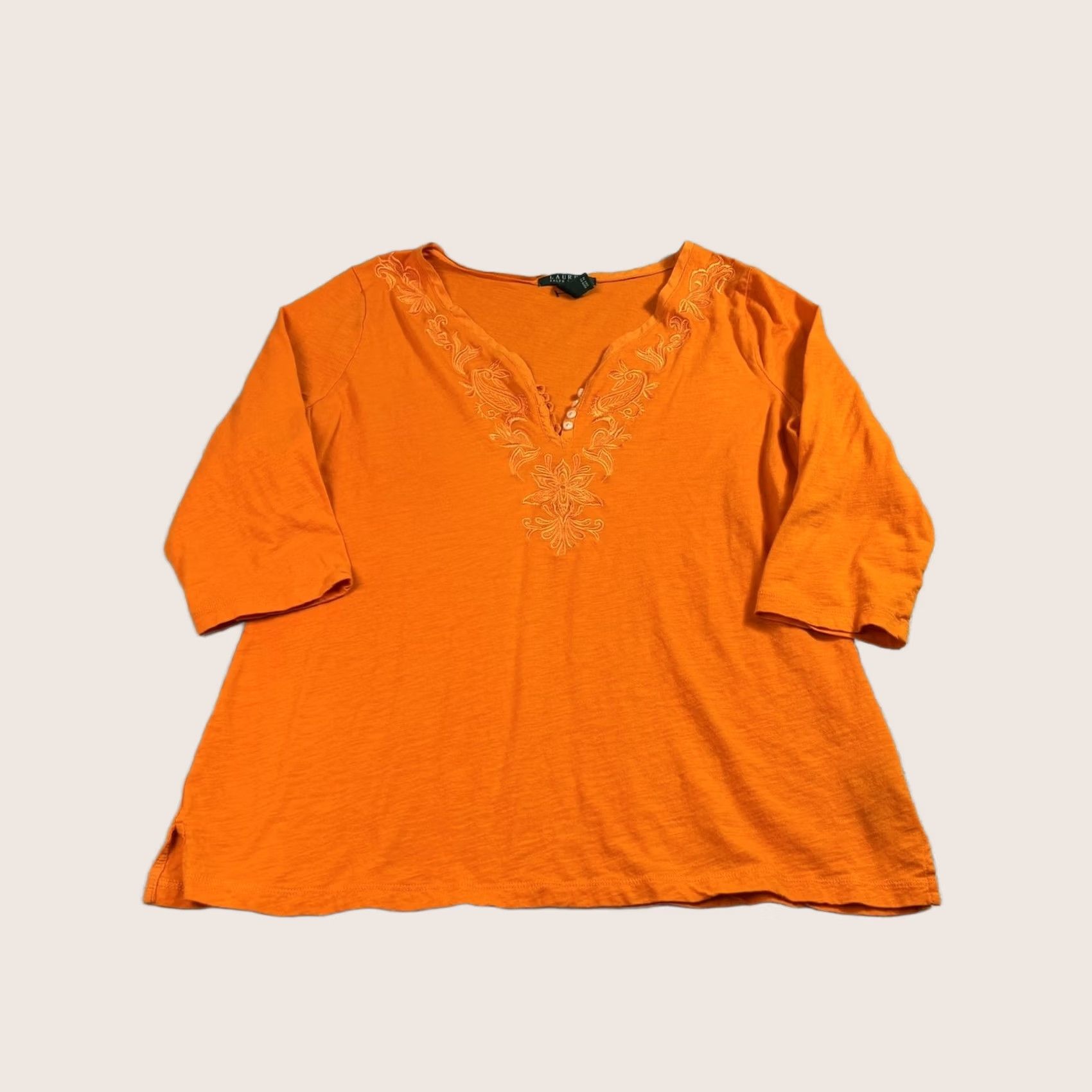 Ralph Lauren Lauren Ralph Lauren Shirt Womens XL Orange Embroidered Boho 3/4 Sleeve Button Tunic Top Blouse Size XL / US 12-14 / IT 48-50 - 1 Thumbnail