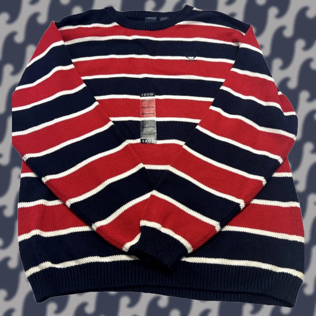Izod IZOD Mens L Sweater Red Navy Striped Crewneck Logo 100% Cotton NWT Knit Crew Neck Long Sleeve Pullover Vintage? No Size US L / EU 52-54 / 3 - 1 Thumbnail