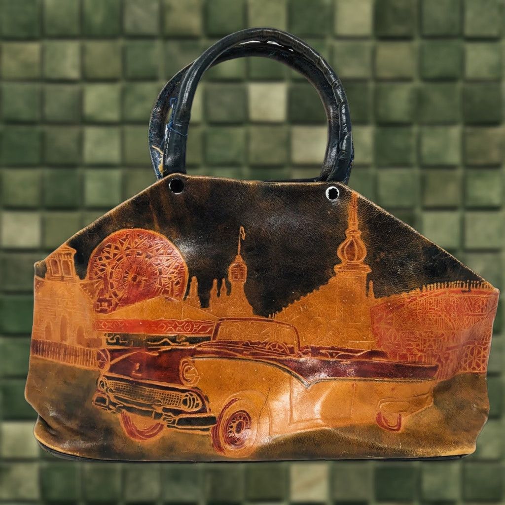 Ford VINTAGE Handmade Embossed Tooled 1953 Ford Scene India Art Leather Bag J21 Size ONE SIZE - 1 Thumbnail