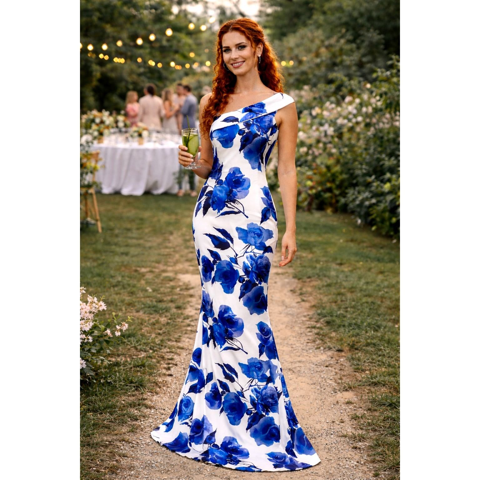 Other Black Halo Eve Dolan Floral One Shoulder Gown Blue Roses 4 Size S / US 4 / IT 40 - 1 Thumbnail