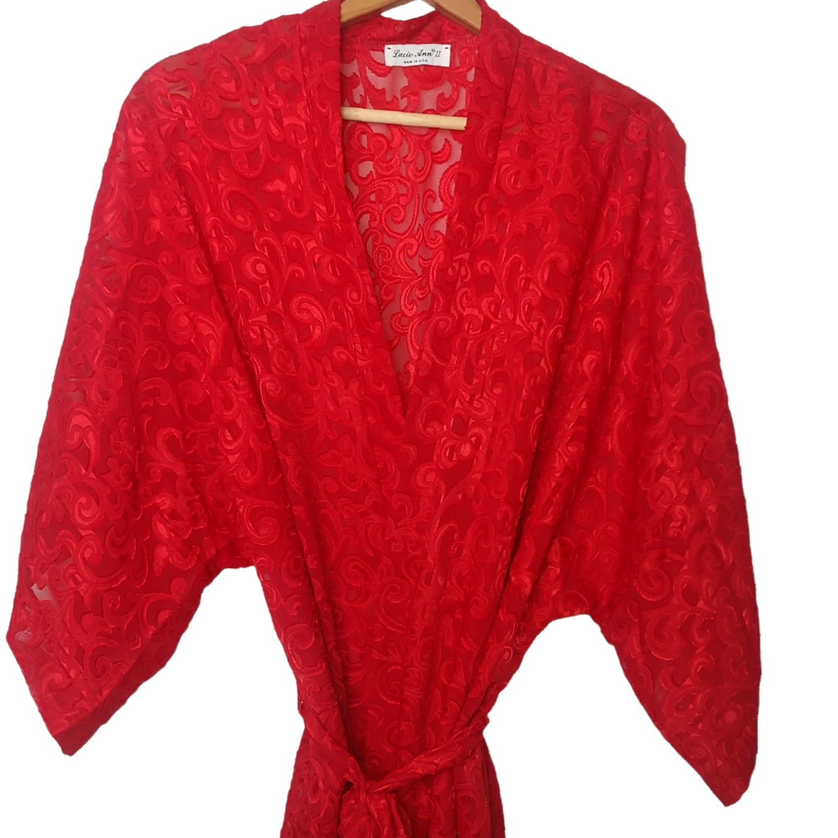 Vintage VINTAGE Lucie Ann II Womens L Kimono Robe Red Sheer Belted Eveningwear USA 1980s Mens/Womens Size ONE SIZE - 2 Thumbnail