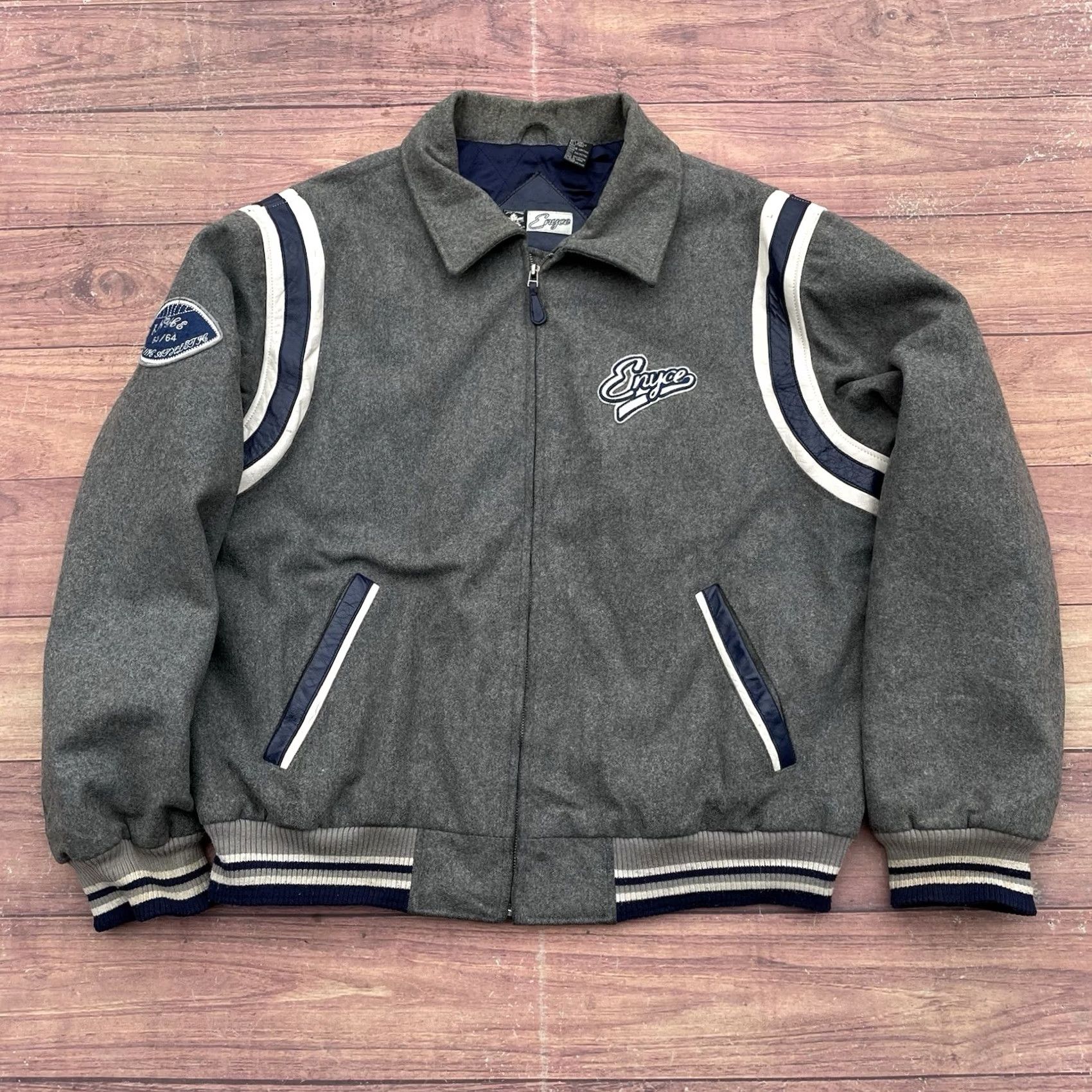 Enyce VINTAGE Y2K Enyce Gray Wool Varsity Jacket Mens 2XL Leather Hits Letterman Parka, 90s Hip Hop Style Varsity Jacket Mens Size US XXL / EU 58 / 5 - 2 Thumbnail