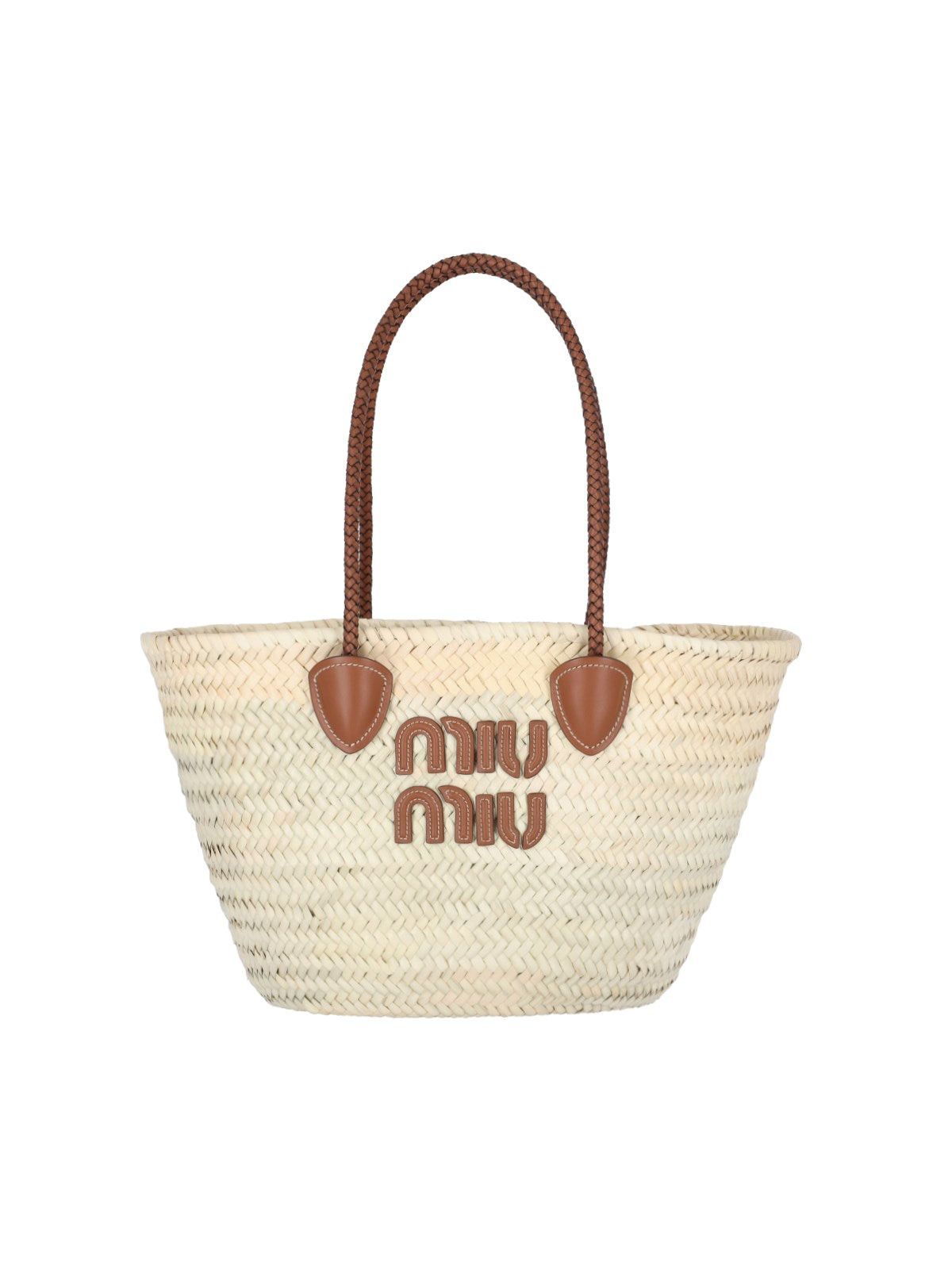 image of Miu Miu Miumiu Logo Tote Bag in Beige, Women's