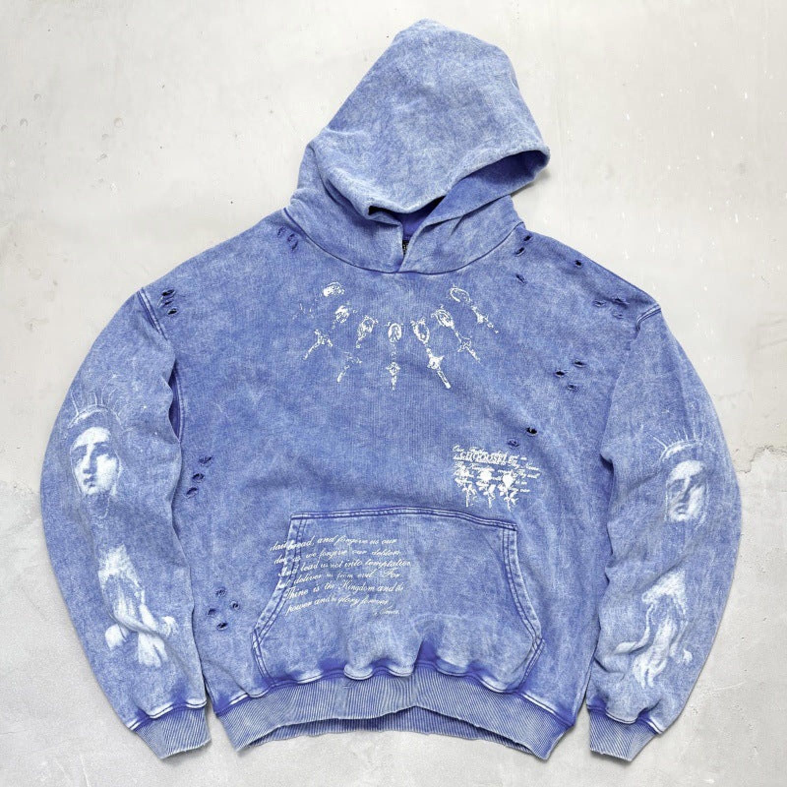 Other Portrait-Print Washed Distressed Pullover Hoodie | Blue Size US M / EU 48-50 / 2 - 1 Thumbnail