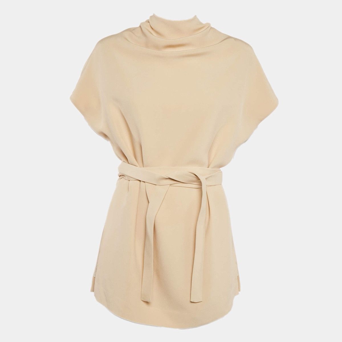 Celine Cream Silk Tie-Up Detail Mini Dress Belted Blouse Top in Beige, Women's (Size Xs)