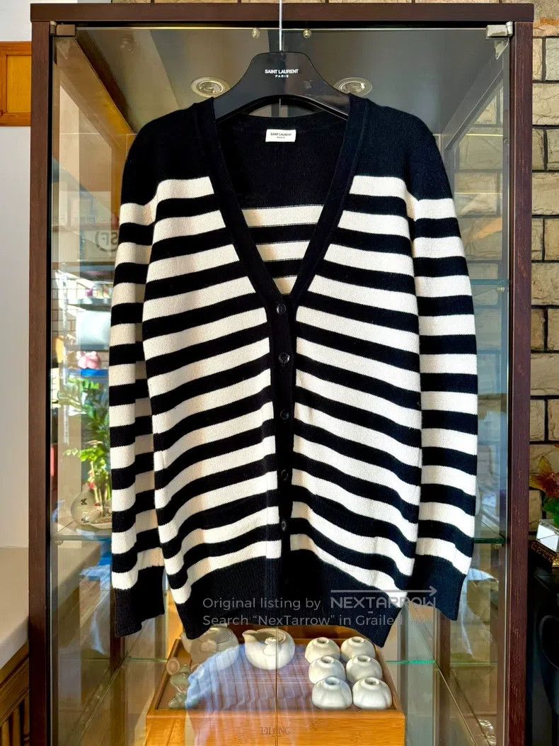 Saint Laurent Paris Saint Laurent Paris Black and White Striped Cashmere Cardi Size S / US 4 / IT 40 - 1 Thumbnail