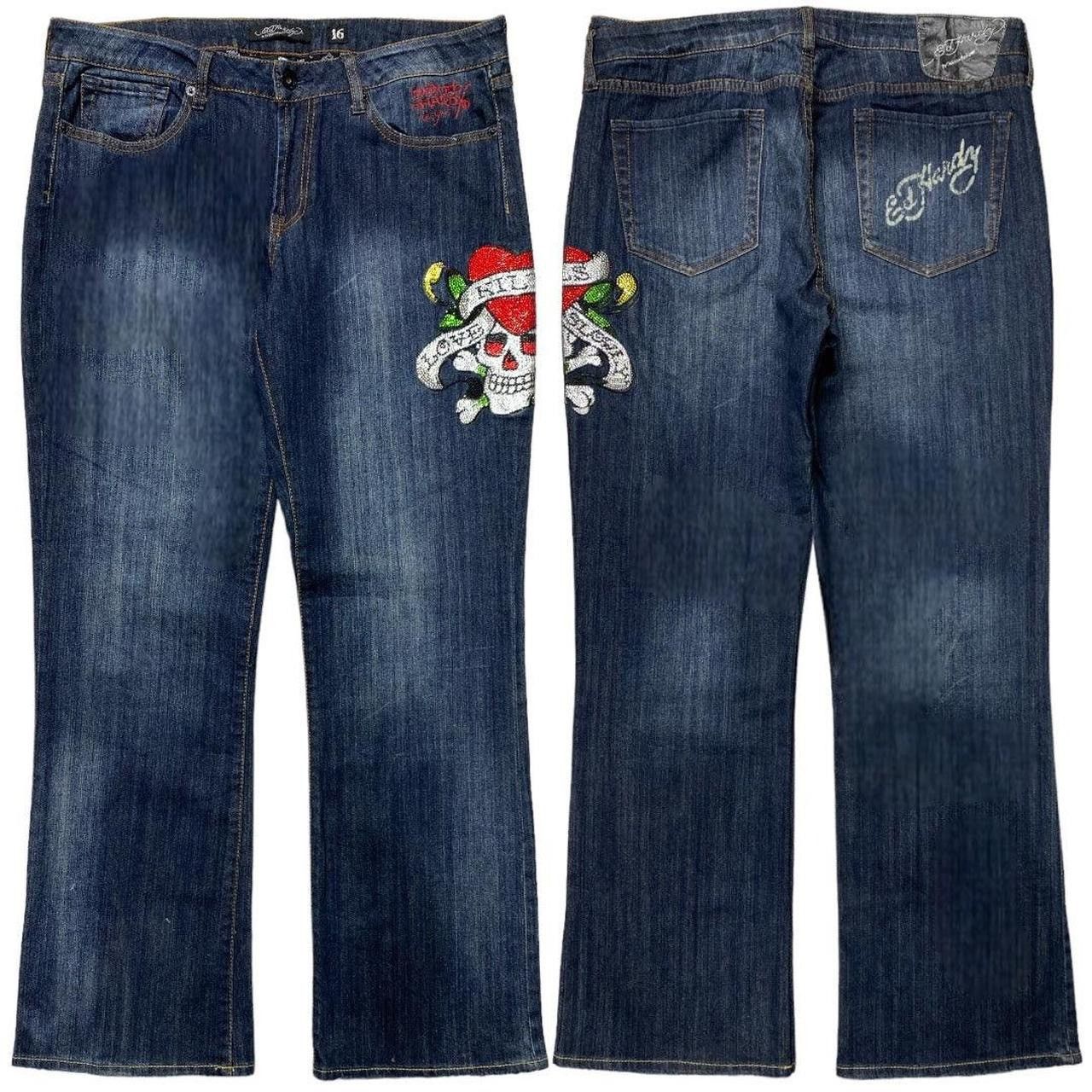 Christian Audigier × Ed Hardy × Vintage E ED HARDY LOVE KILLS SLOWLY SWAROVSKI JEANS [36-32] Size US 36 / EU 52 - 1 Thumbnail
