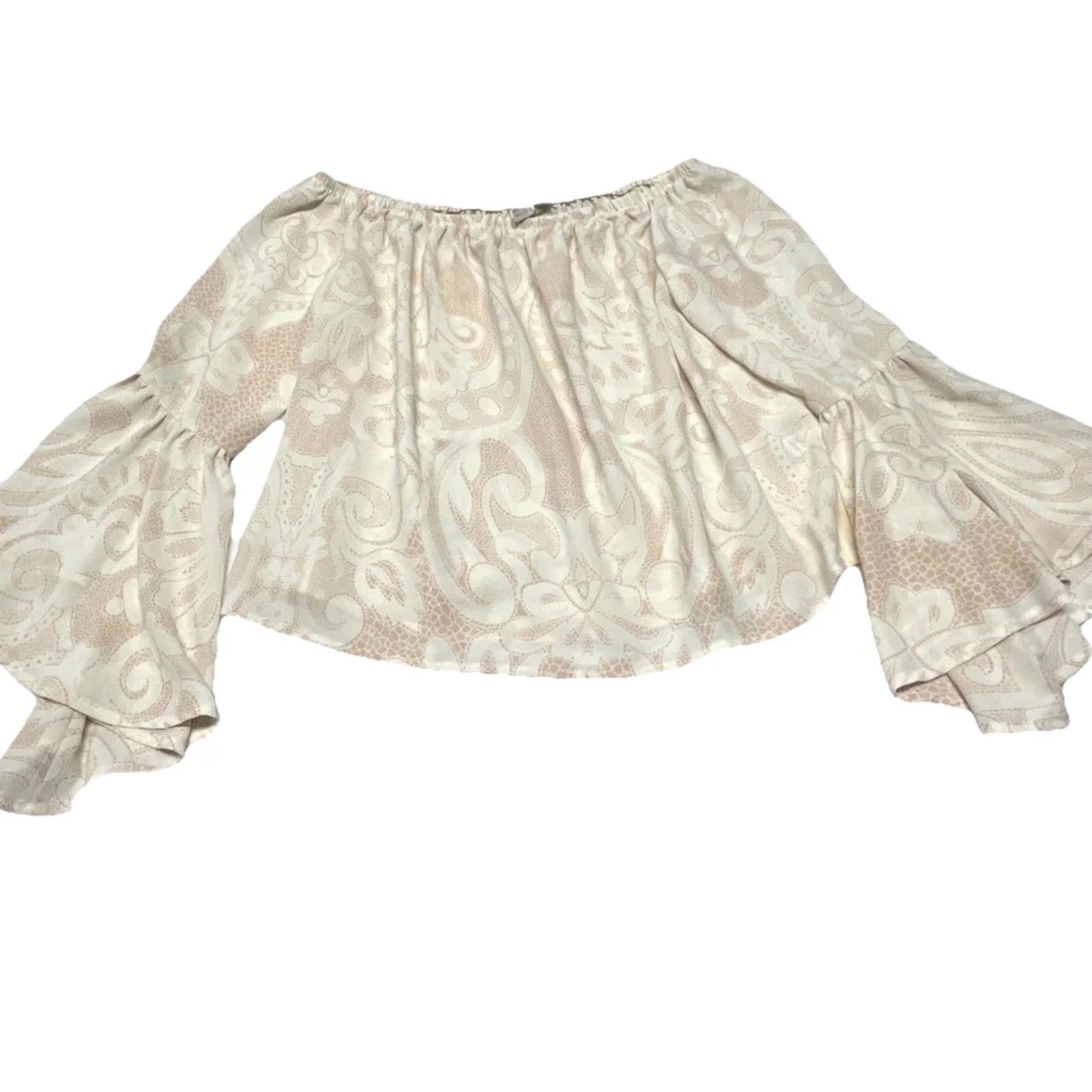 Vintage VINTAGE Boho Off Shoulder Crop Top Womens M Cream Floral Peasant Bell Sleeve Cottagecore Size M / US 6-8 / IT 42-44 - 3 Thumbnail